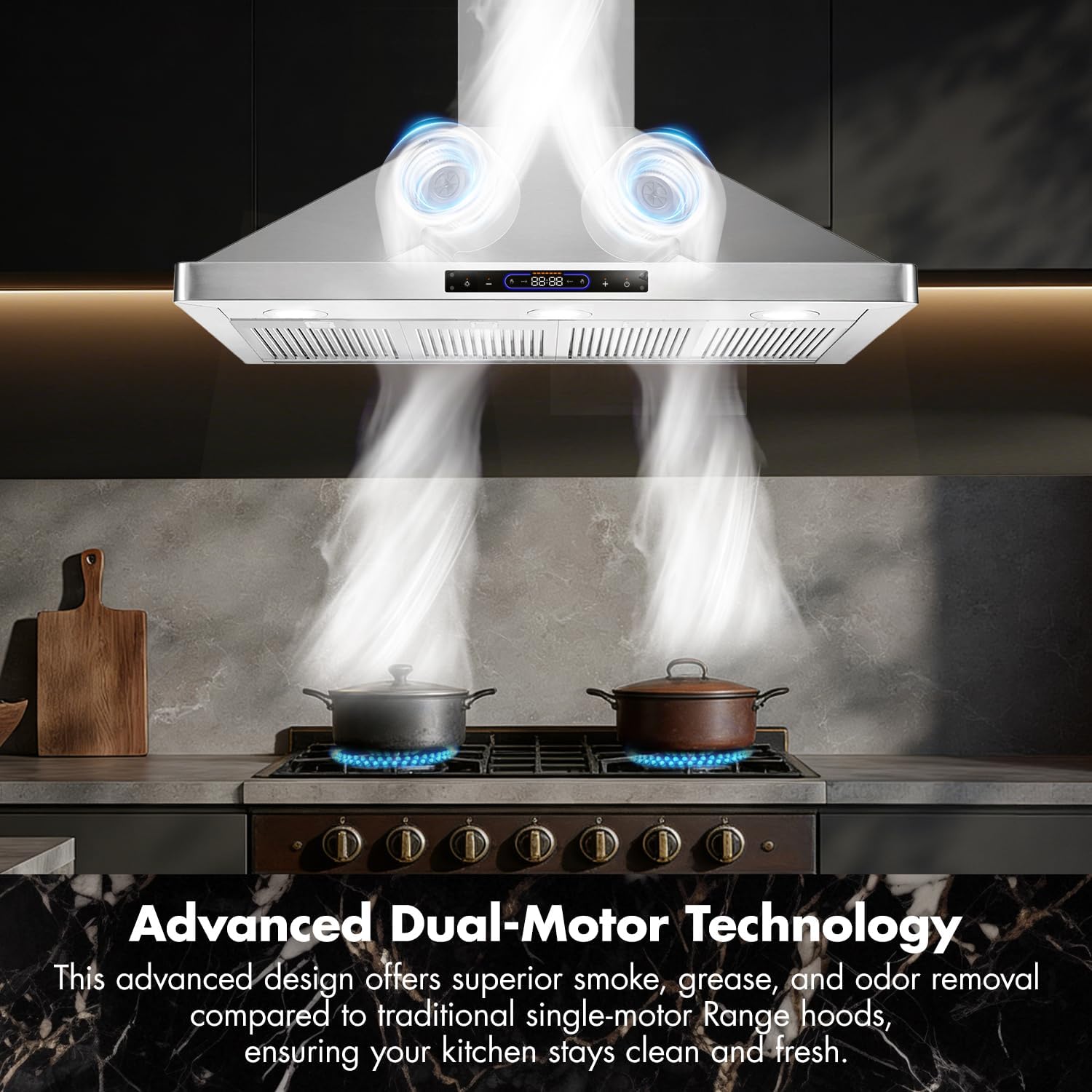 VAV Upgraded 48 inch Wall Mount Range Hood Vent Convertible Dual Motors 1500CFM Stainless Steel for Kitchen 4 Speed Exhaust Fan ETL listed (Upgraded Dual Motors)