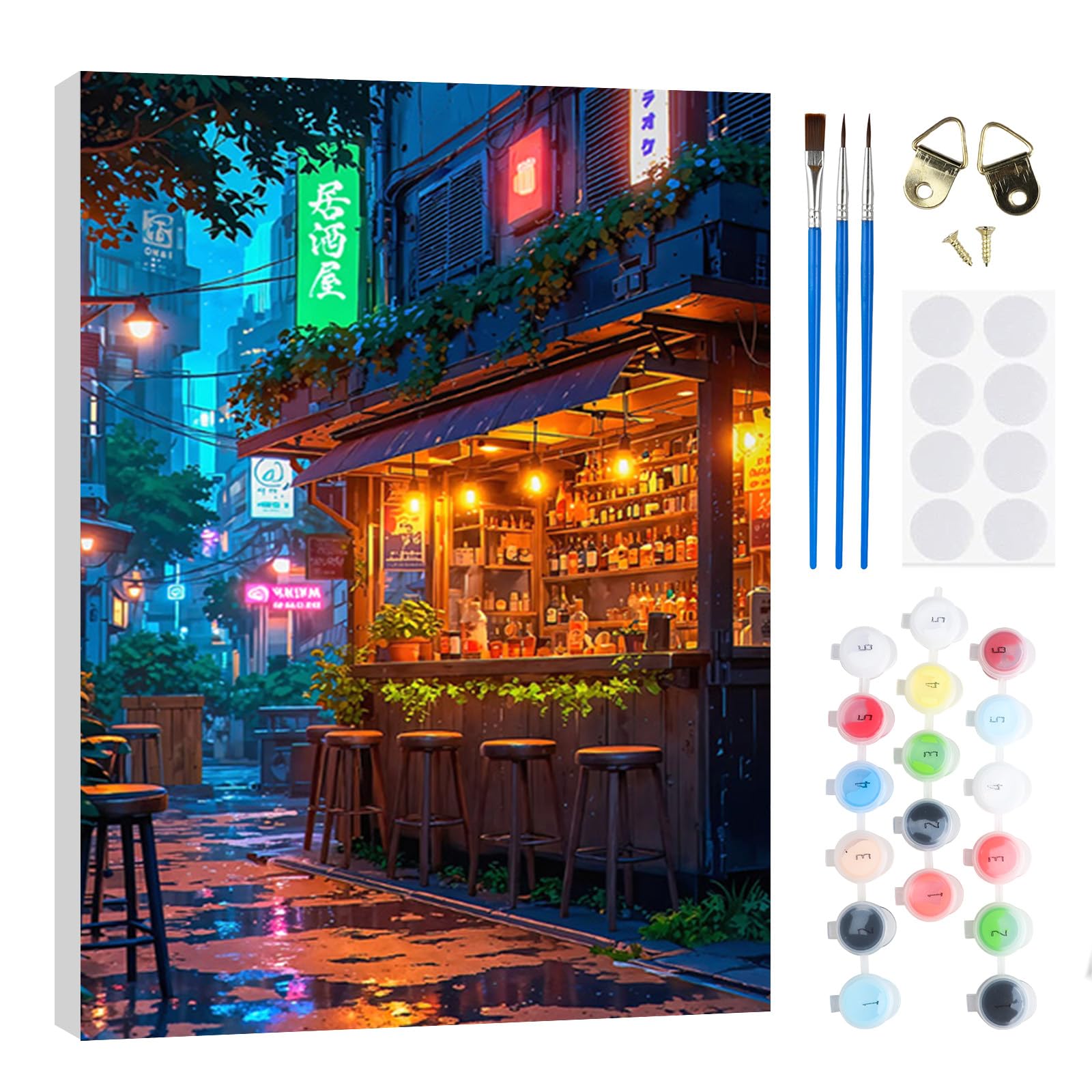 RICUVED Izakaya Painting by Number Kits for Adult, DIY Landscape Canvas Oil Painting Kit for Kids or Beginner with Paint Brushes Acrylic Pigment Drawing Paintwork with Wooden Frame 20x30cm