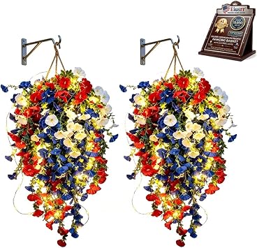 US Celebrate Americas 250th Anniversary with Patriotic Hanging Flower Baskets Red White and Blue Artificial Wreath Decor with Solar LED Lights for Porch Patio Garden or BackyardWith Light,2pcs