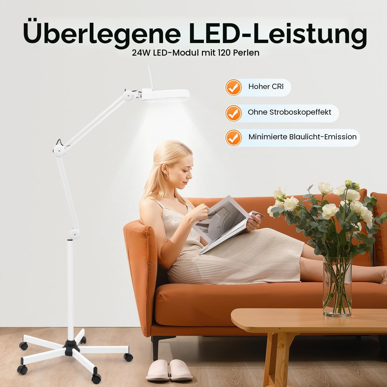 5 Fach Lupen mit 120 LED und ständer Professionelle Kosmetiklampe dreifach kreisförmige Standlupelampe mit Schwenkarm für Arbeit Lesen Nähen Senioren usw