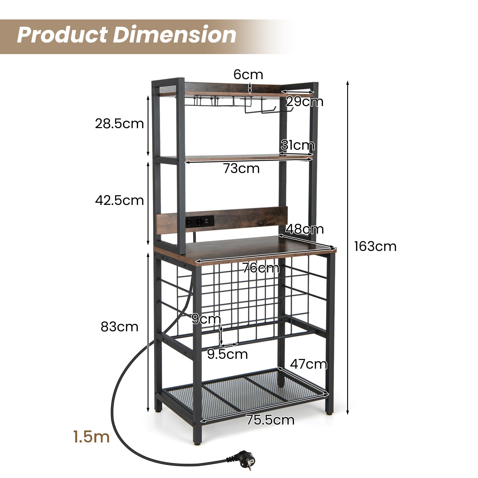 KOMFOTTEU Scaffale per vino con prese e USB per 24 bottiglie e tazze, mensola da cucina a 5 Ripiani con piano di lavoro, scaffale multiuso per più dispositivi, portabottiglie per vino 76 x 48 x 163 cm