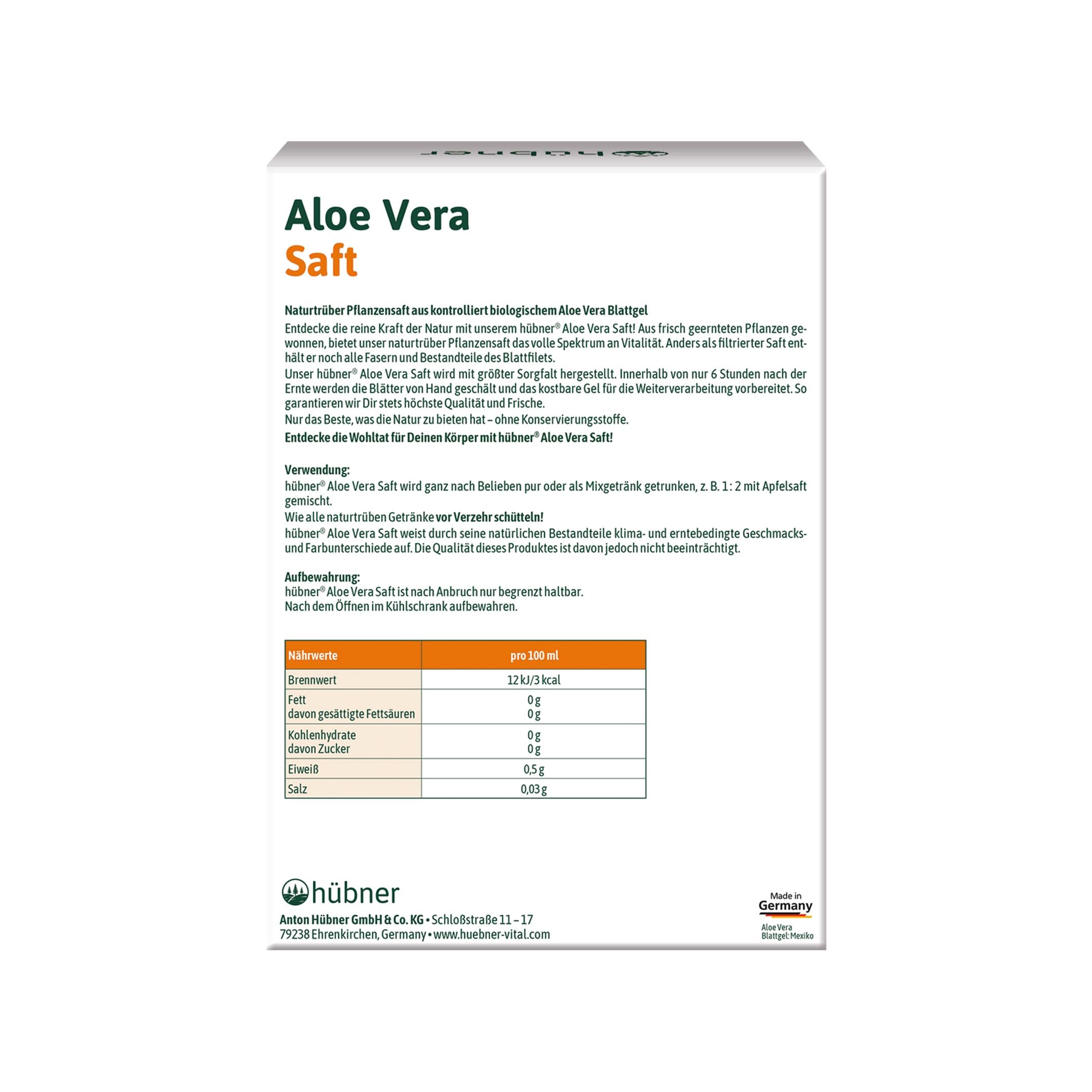 hübner® Aloe Vera Bio-Pflanzensaft naturtrüb | 100% naturtrüber Aloe Vera-Saft | Aus kontrolliert biologischem Anbau | Ungefiltert & vegan | Frischer Geschmack | 3 x 490 ml