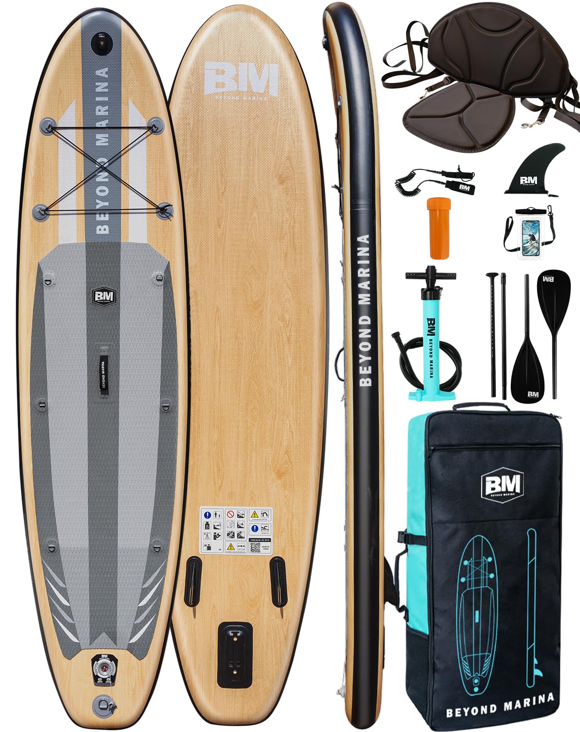 BEYOND MARINA 10'6" Premium Paddle Board + Seat, Inflatable Stand Up Paddle Board for Adults & Youth, Lightweight All-Around SUP Board with Accessories - (320x81x15 cm), Light Wood