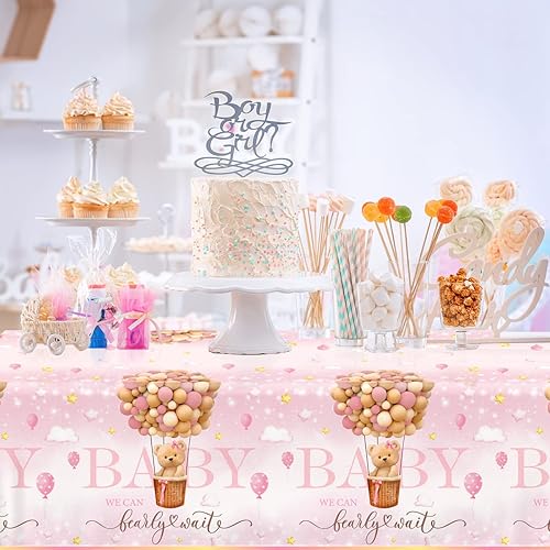 Miniatura 4 de Decoraciones de oso para baby shower, 3 manteles de oso de peluche rosa, mantel de oso de plástico para bebé, cubierta de mesa para niña, revelación