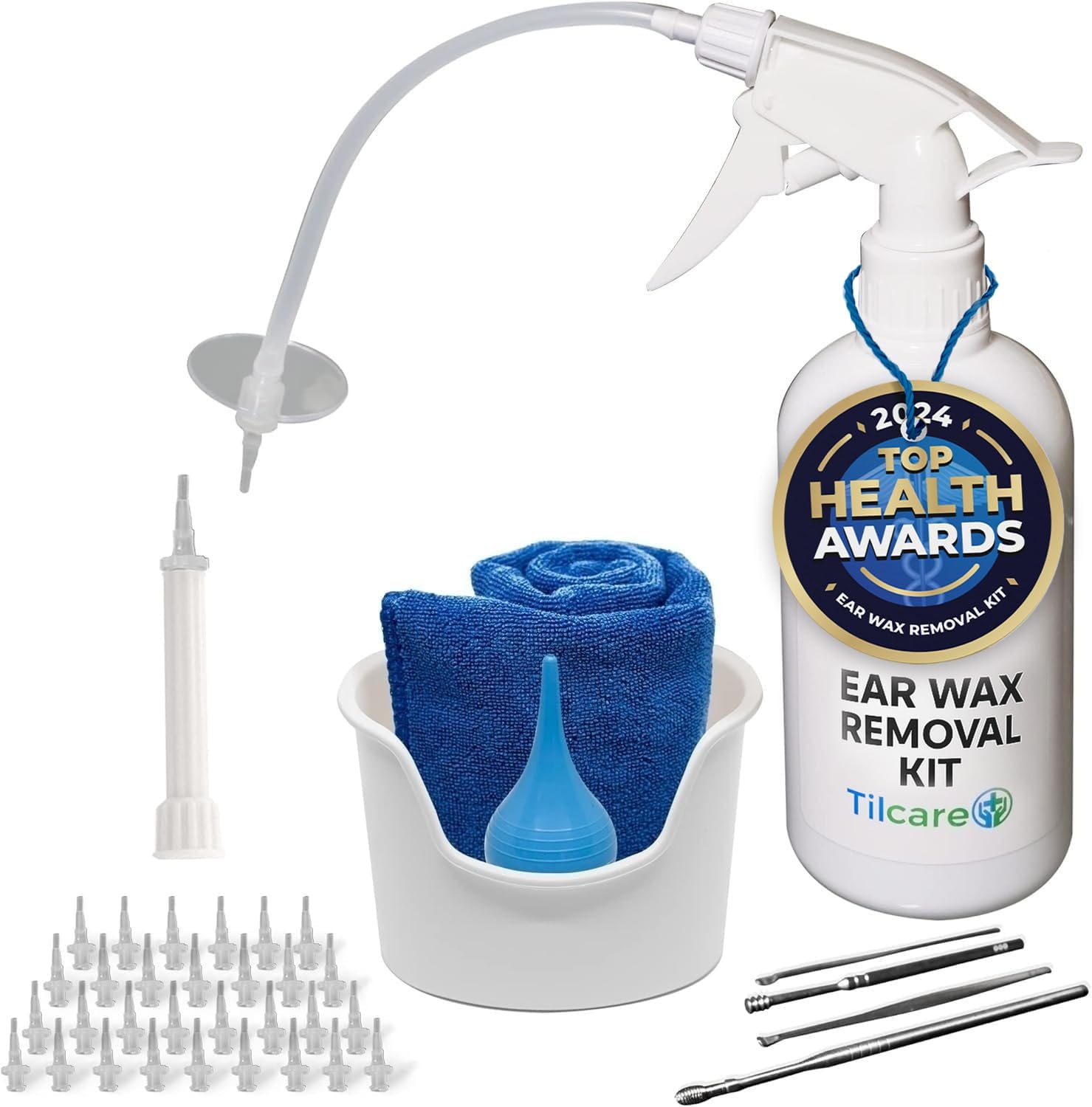 Outil nettoyant d’oreille de Tilcare - Système de rinçage d'irrigation auriculaire pour adultes - Comprend cuvette, seringue à ampoule, trousse de curette, serviette et 30 embouts jetables