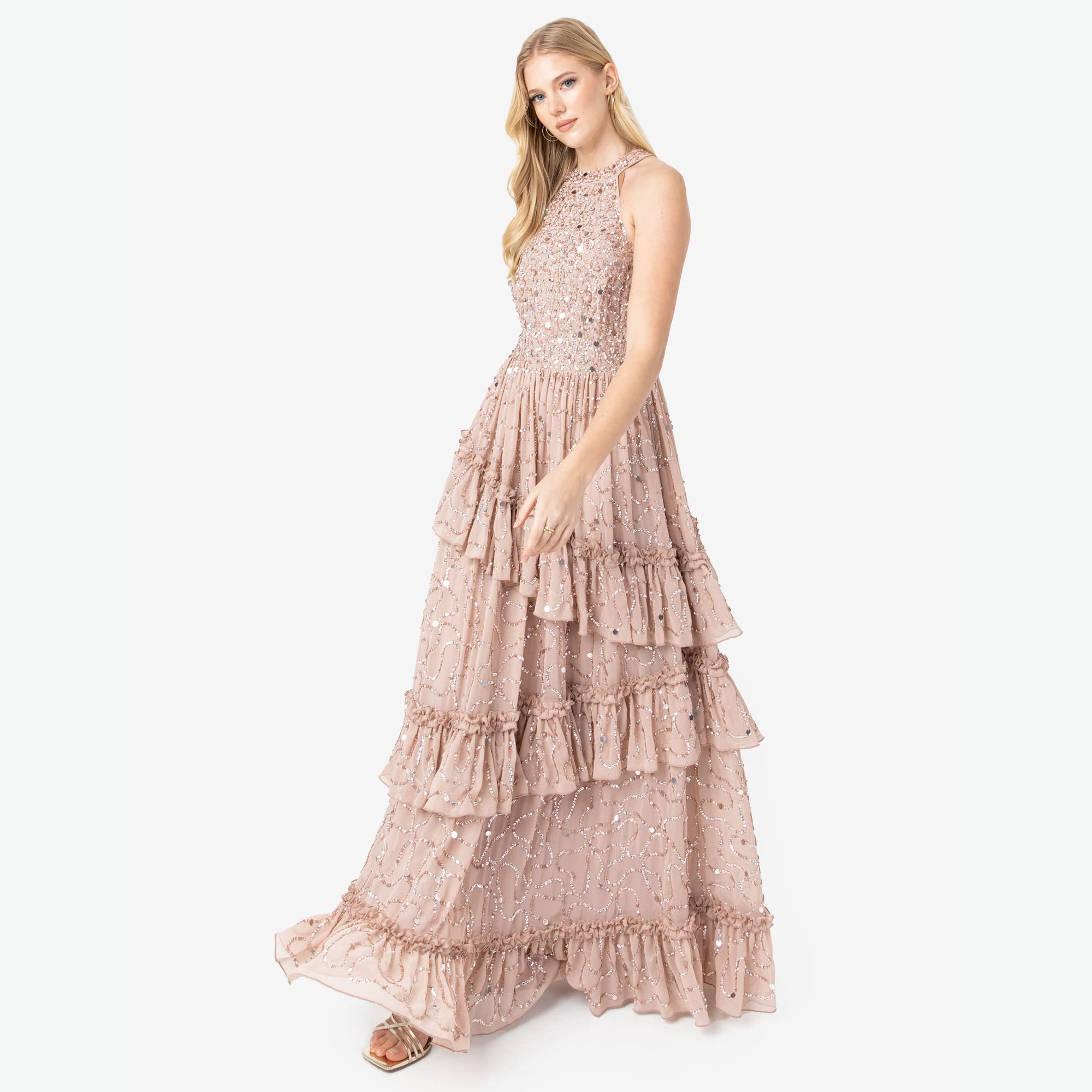 Maya Deluxe Womens Maxi Dress Ladies Embellished Ruffle Sleeveless Tie Back Dress for Wedding Guest Bridesmaid Prom Evening Occasion Vestito Donna