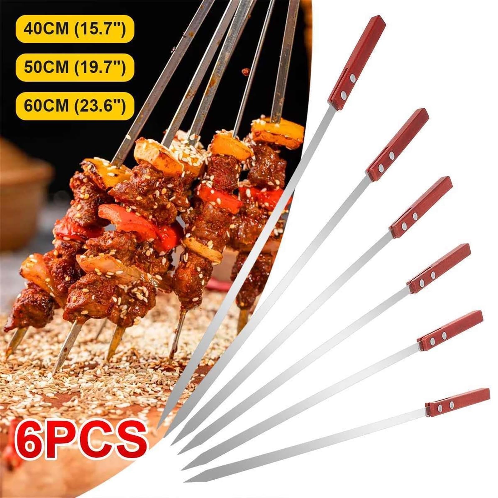Brochetas de Kebab, Juego 6 brochetas Anchas Acero Inoxidable for Barbacoa, 40/50/60 cm Largo, Mango Madera, Tenedor y Palo(50cm)