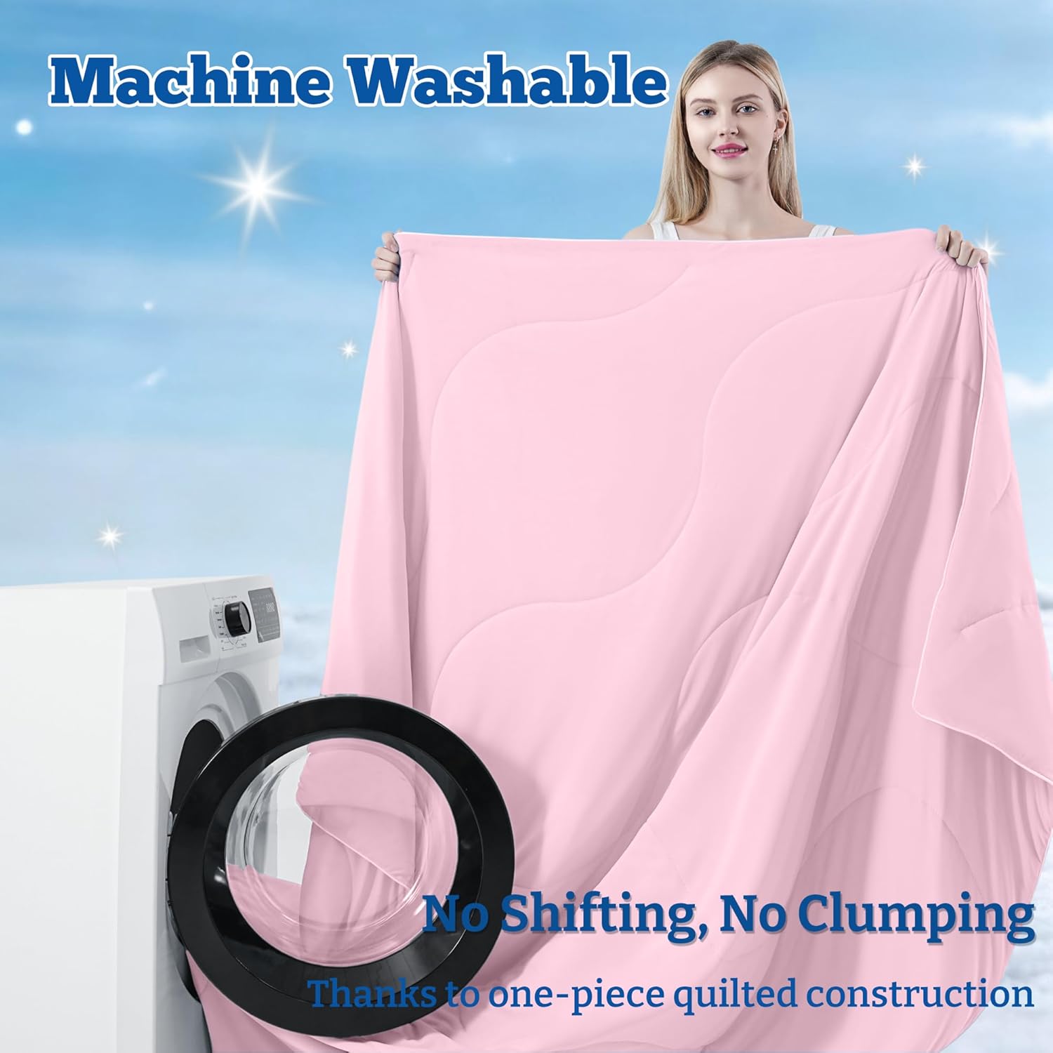 DOWNCOOL Cooling Comforter Queen Size, Lightweight Blanket for Hot Sleepers with Cooling Pillowcases, 3-Piece Bedding Set for Night Sweats & Moisture-Wicking Quick-Dry Fabric, Pink 90″x90″