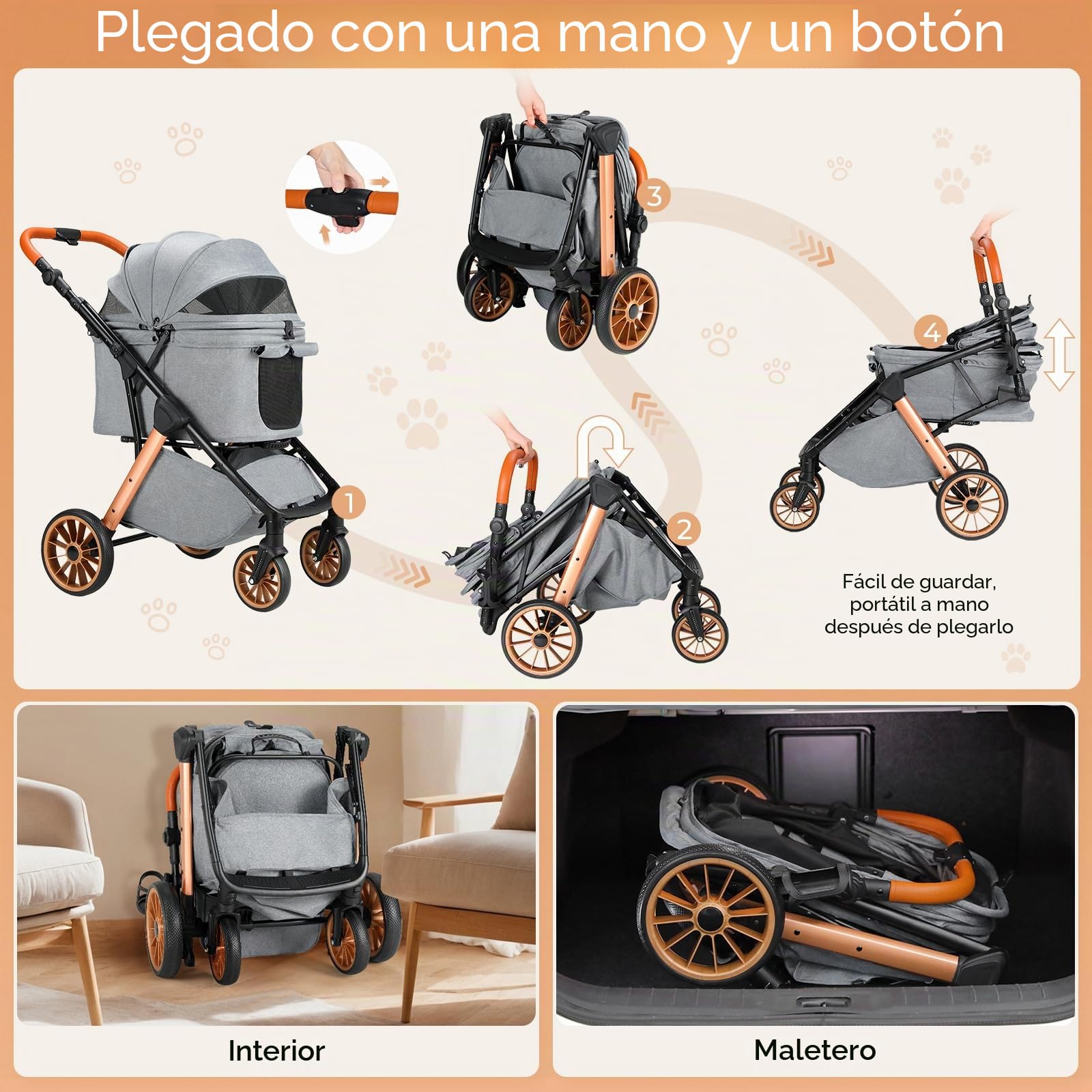 MAMIZO One-Touch Carro para Perros, Cochecito Plegable, hasta 25 kg, Estructura de aluminio y acero al carbono, Asa ajustable en altura, Portavasos, 4 PCS ruedas, para perros y gatos (Gris oscuro)