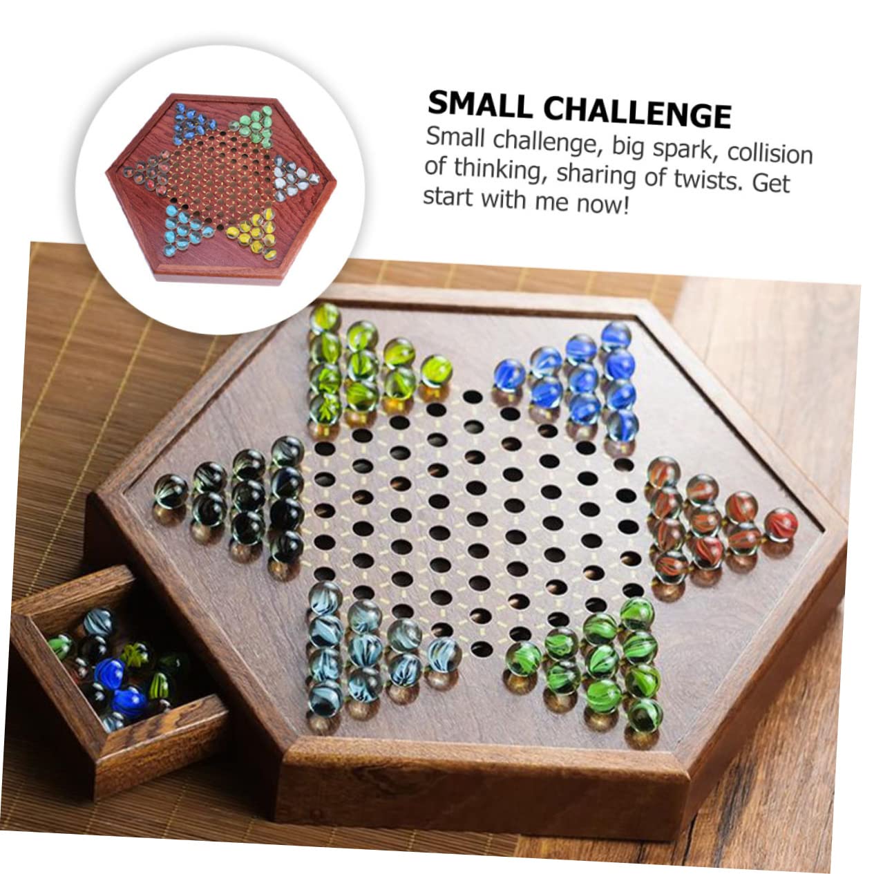 Gioco di Biglie Chinese Checkers Esagonale in Legno | Tradizionale per Ragazzo Ragazza e Adulti, Cassetto Integrato, Tavola Marrone per Intrattenimento Familiare