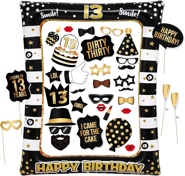 Newthinking 13th Birthday Photo Booth Props, Black Gold Inflatable Selfie Frame Funny DIY Birthday Party Props for 13th Birthday Party Supplies Decoration