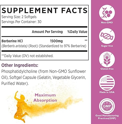 Miniatura 6 de Suplemento de berberina liposomal de 1500 mg - Cápsulas de berberina HCL de alta biodisponibilidad para mujeres y hombres, activador AMPK para la