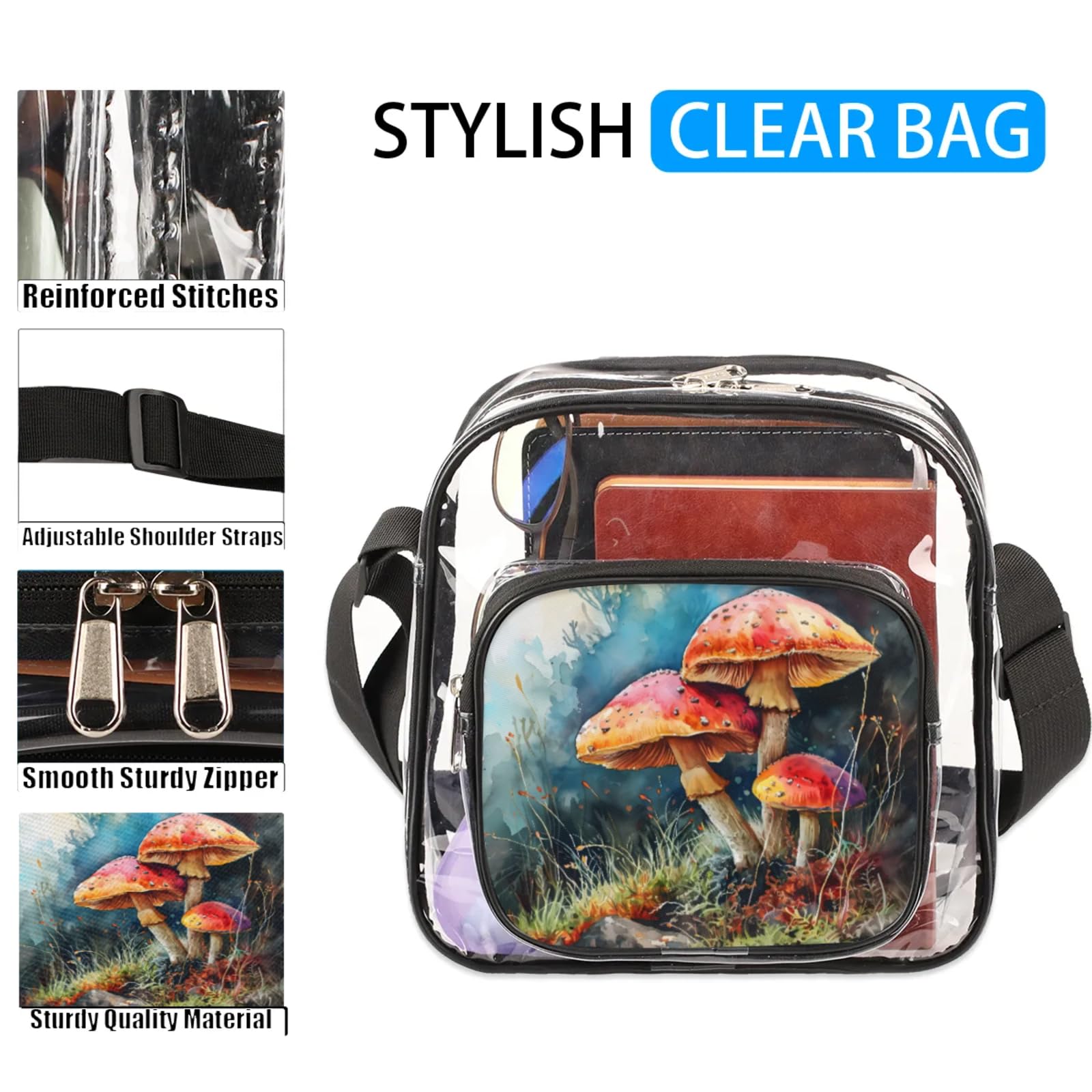 GzLeyigou Clear Crossbody Bag Stadium Approved Fly Agaric Mushrooms Transparent Bag for Festivals, Sports Events, Concerts,Beach Bag for Women Men Clear Purse with Front Pocket Messenger Bag