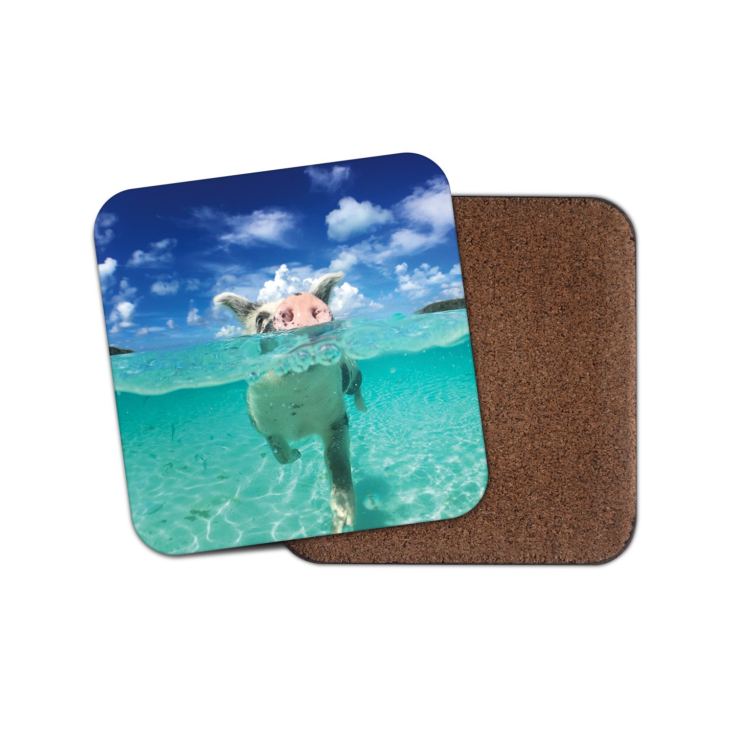 1 x Cute Swimming Pigs Pig Bahamas Cork Backed Drinks Coaster for Tea & Coffee #8098 (1 Coaster)