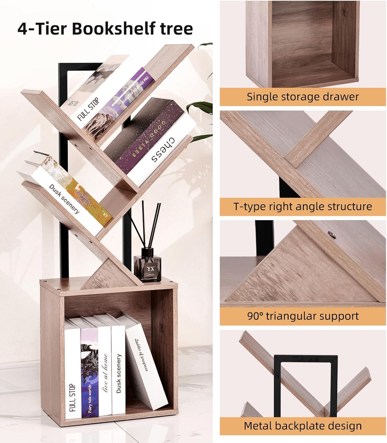Tree Bookshelf Bookcase with Storage Cabinet, 4-Tier Modern Corner Bookshelves, Narrow Wood Book Rack, Mini Floor Standing Book Organizer for Kid Room, Bedroom, Living Room, Home Office, CD/DVD