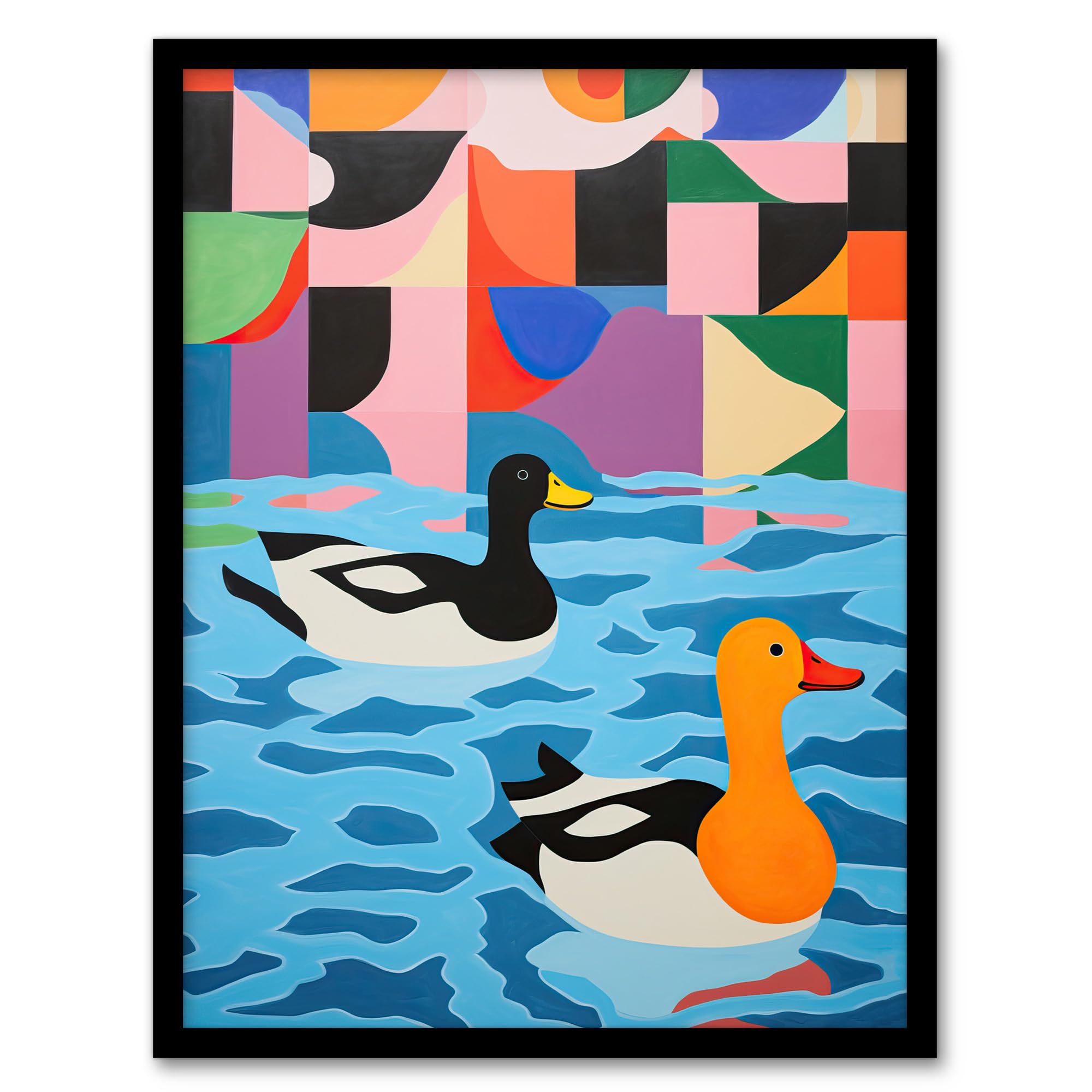 Wee Blue Coo Bathtime Buddies Vibrant Oil Painting Abstract Bath Ducks in Water Artwork Framed Wall Art Print A4