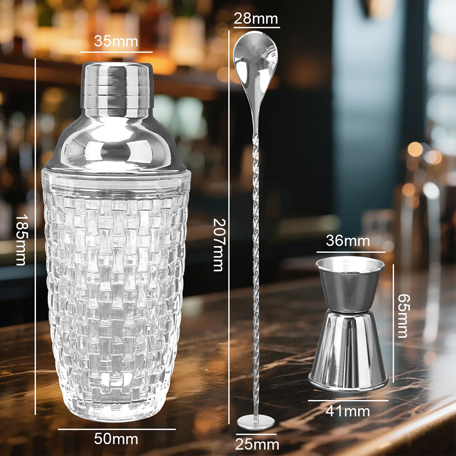 Coctelera de cristal, juego de coctelera de 400 ml, mezclador de cristal con vaso medidor de acero inoxidable y pala, coctelera para el hogar, bar, vino, zumos de frutas mixtas, bebidas, plata