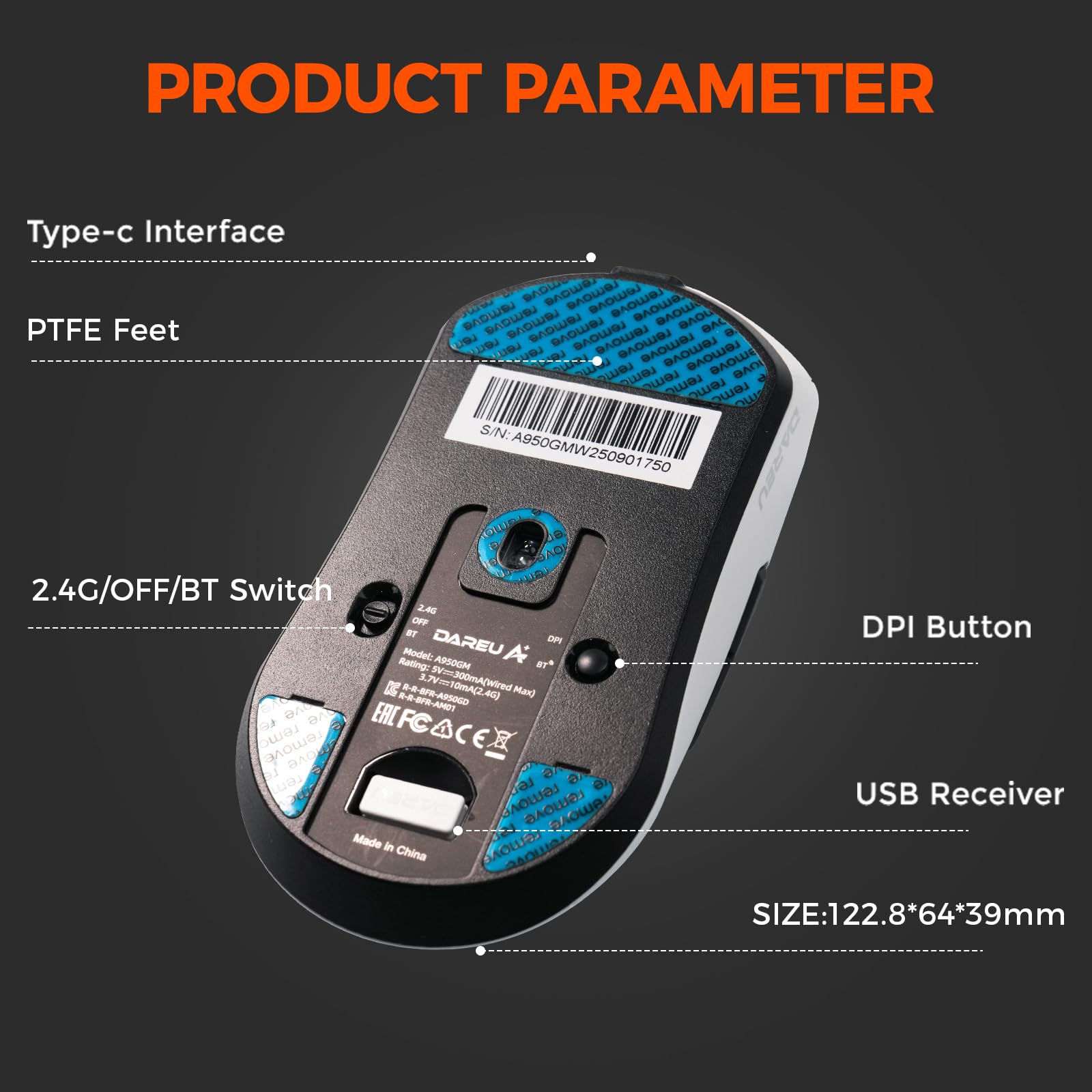 DAREU A950GM Mouse gaming ultraleggero da 60 g, sensore PixArt PAW3395, microinterruttori da gioco HUANO da 100 milioni, 26000 DPI, ricarica rapida in 30 minuti, mouse gaming tri-mode per PC/Mac