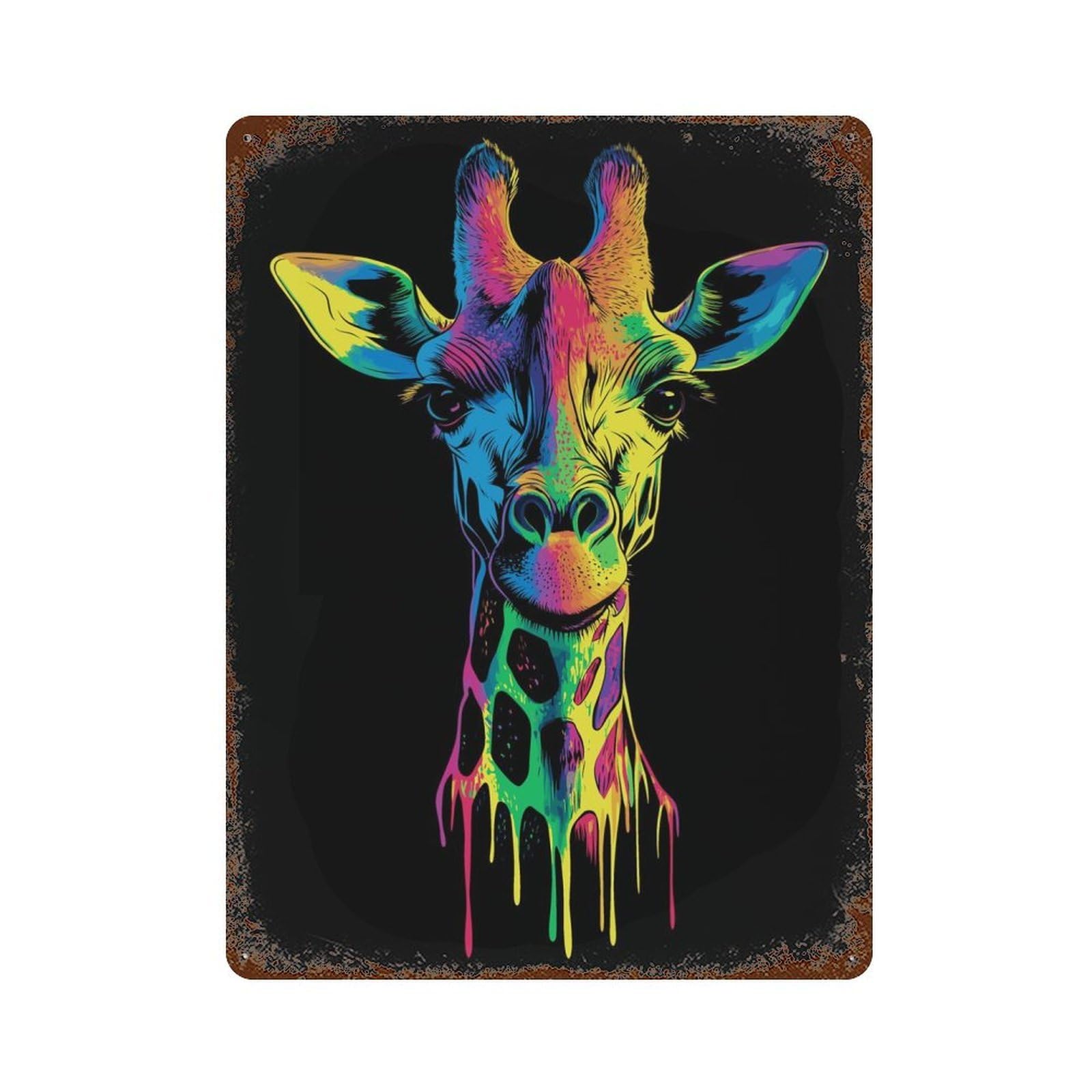 Pop Art Rainbow Giraffe Rust Effect Tin Sign 15.7"x11.8", Rustic Home Decor for Garage, Bar And Workshop Decor