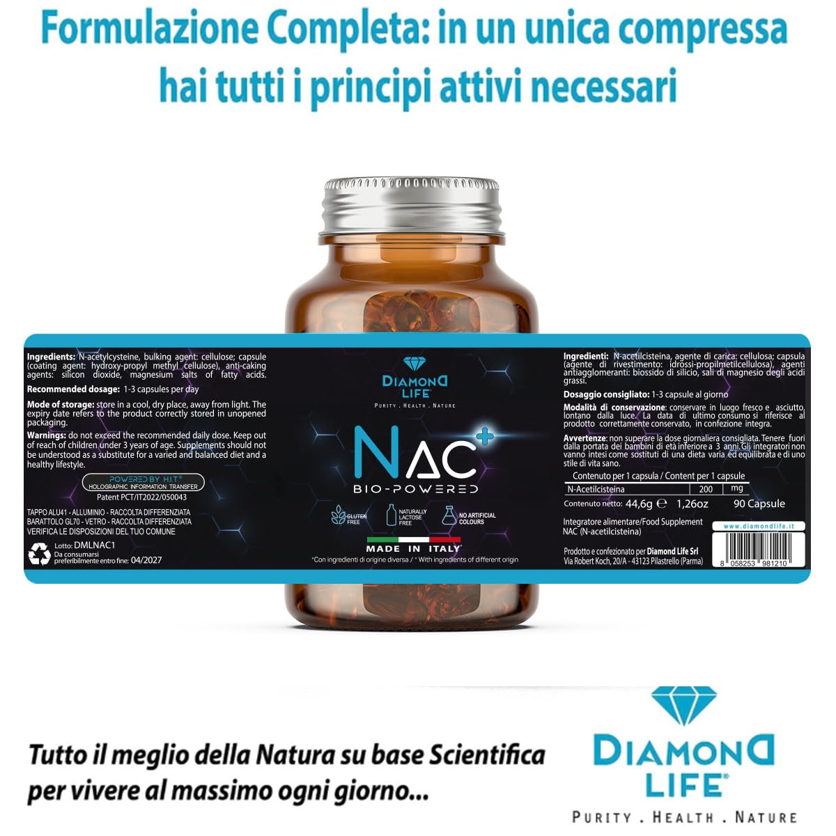 NAC BioPowered - Nutraceutico Bio-Potenziato nell'Azione Antiossidante e Detox - N-AcetilCisteina Precursore del Glutatione - Elevata Biodisponibilità - 90 Capsule