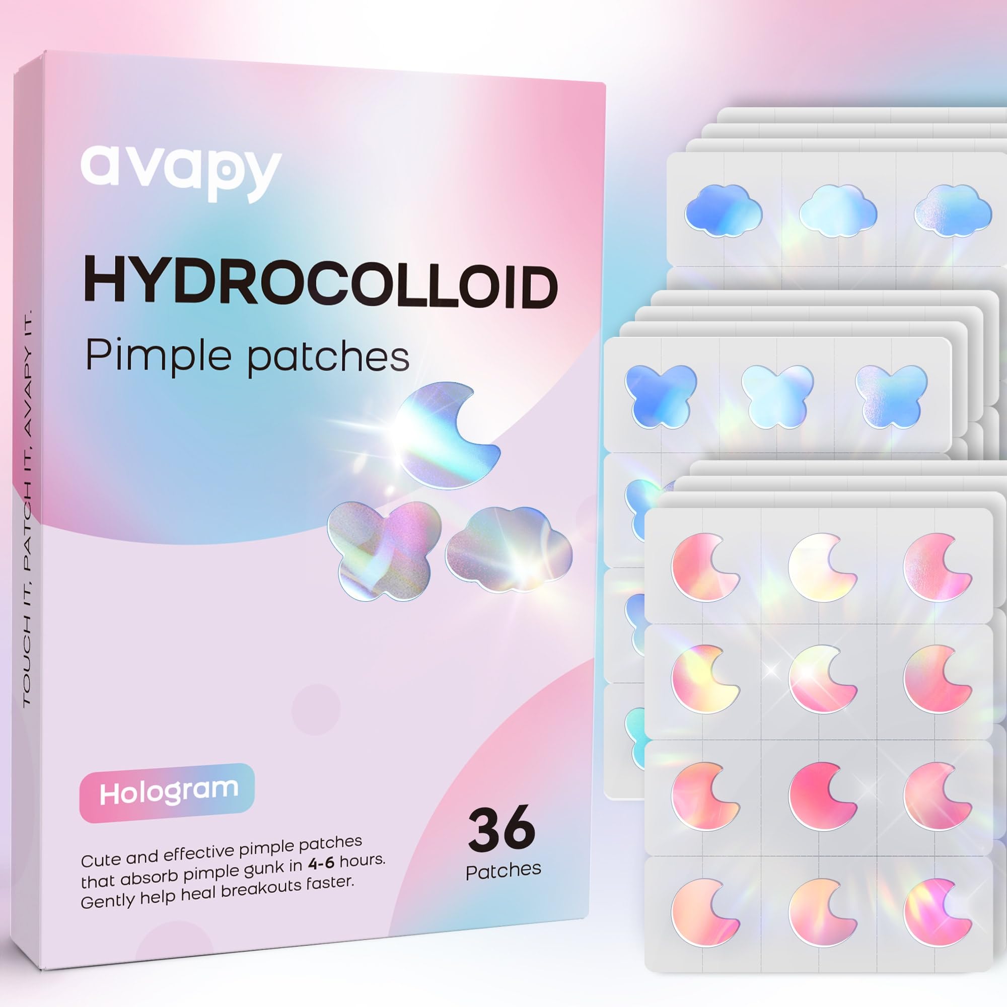 AVAPY Pimple Patches for Face, Cute Hydrocolloid Acne Patches, Colorful Hologram Butterfly Sport Stickers, Zits & Blemish, Pimple Patch with Salicylic Acid, Blue Pink Moon Cloud 12MM (36 Count)