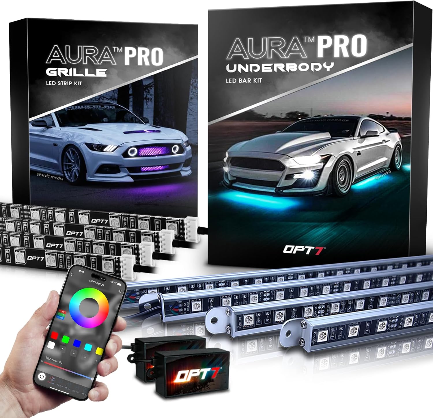 OPT7 LED Grille Lights & Underglow Bundle Kit with App & Remote Control, Waterproof Rigid Aluminum LED Light Bar, Music Sync, RGB Multicolor Modes, Car Grill Accessories