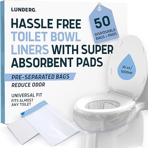 Lunderg Bolsas de inodoro con almohadillas superabsorbentes, paquete económico de 50 unidades, ajuste universal, bolsas de inodoro desechables para