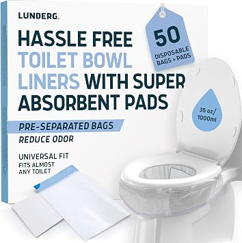 Lunderg Toilet Liners with Super Absorbent Pads - Value Pack 50 Disposable Toilet Bags - Universal Fit - Convert any WC into a Dry Flush - Emergency & Natural Disaster Preparedness Must Have