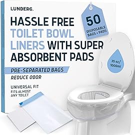 Lunderg Toilet Liners with Super Absorbent Pads - Value Pack 50 Count Universal Fit - Disposable Toilet Bags to Convert any Home, Boat or Camping WC into a Dry Flush - Emergency must have