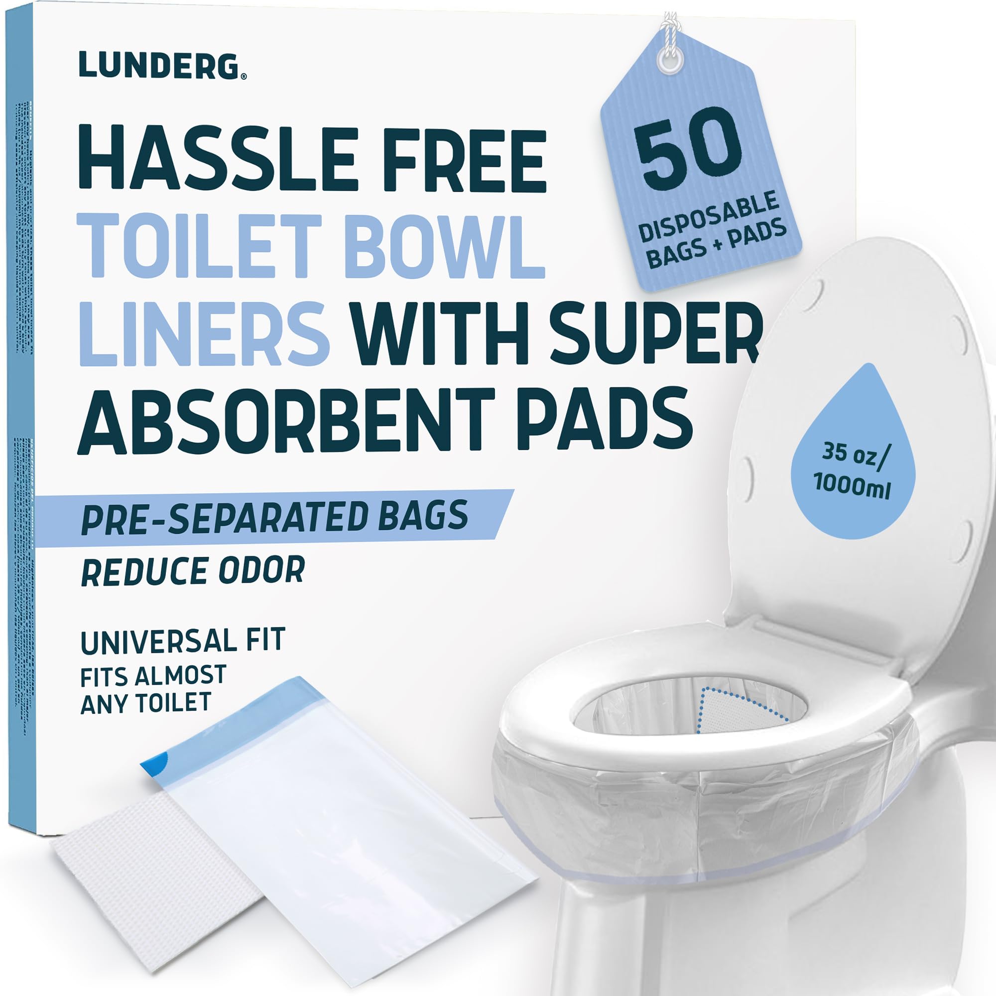 Lunderg Toilet Liners with Super Absorbent Pads - Value Pack 50 Count Universal Fit - Disposable Toilet Bags to Convert any Home, Boat or Camping WC into a Dry Flush - Emergency must have