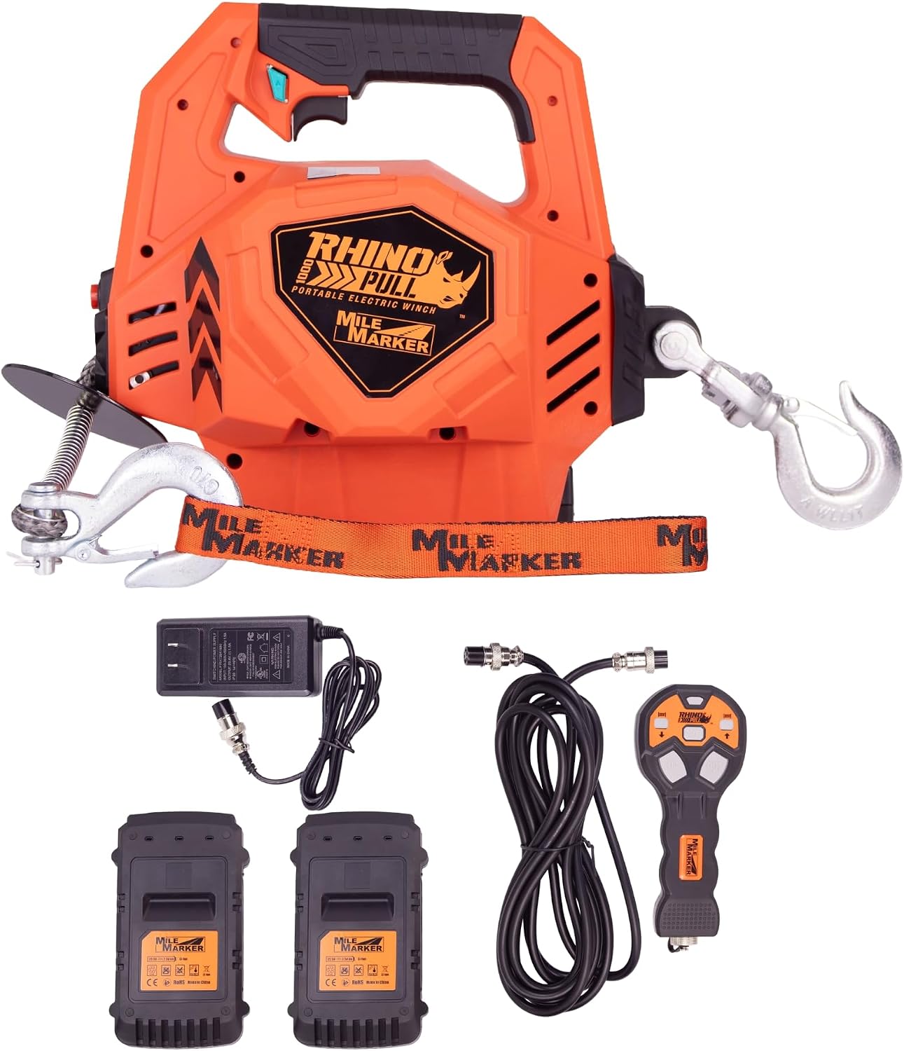 Mile Marker 71-1000 71-1000-29 Rhino Pull 1000 Portable Electric Winch | 39 Feet of Synthetic Rope | Lifts or Pulls Up to 1000 Pounds | Includes Extra Battery