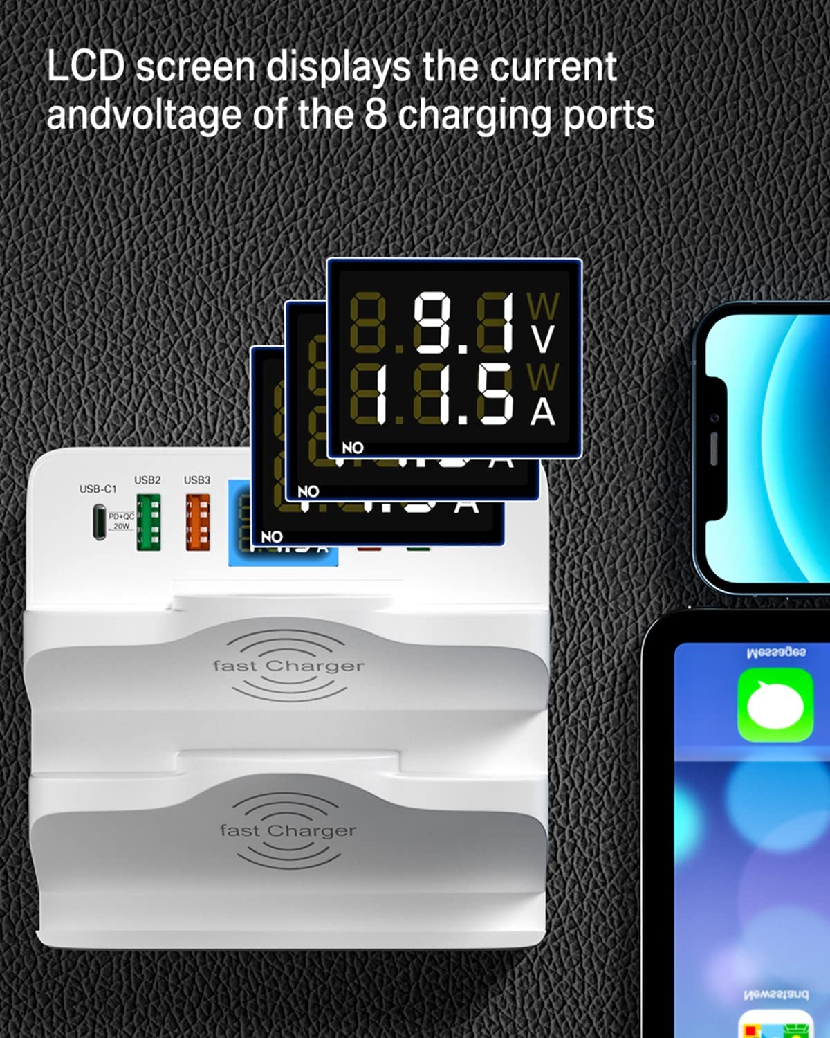 80W 6-Anschlüssen USB-Ladegerät, USB Ladestation mit PD-Schnellladegerät mit QC 3.0 USB-Anschluss, Dual Kabelloses Ladegerät, LCD-Display, USB-C-Lade-Desktop-Hub für iPhone iPad Samsung