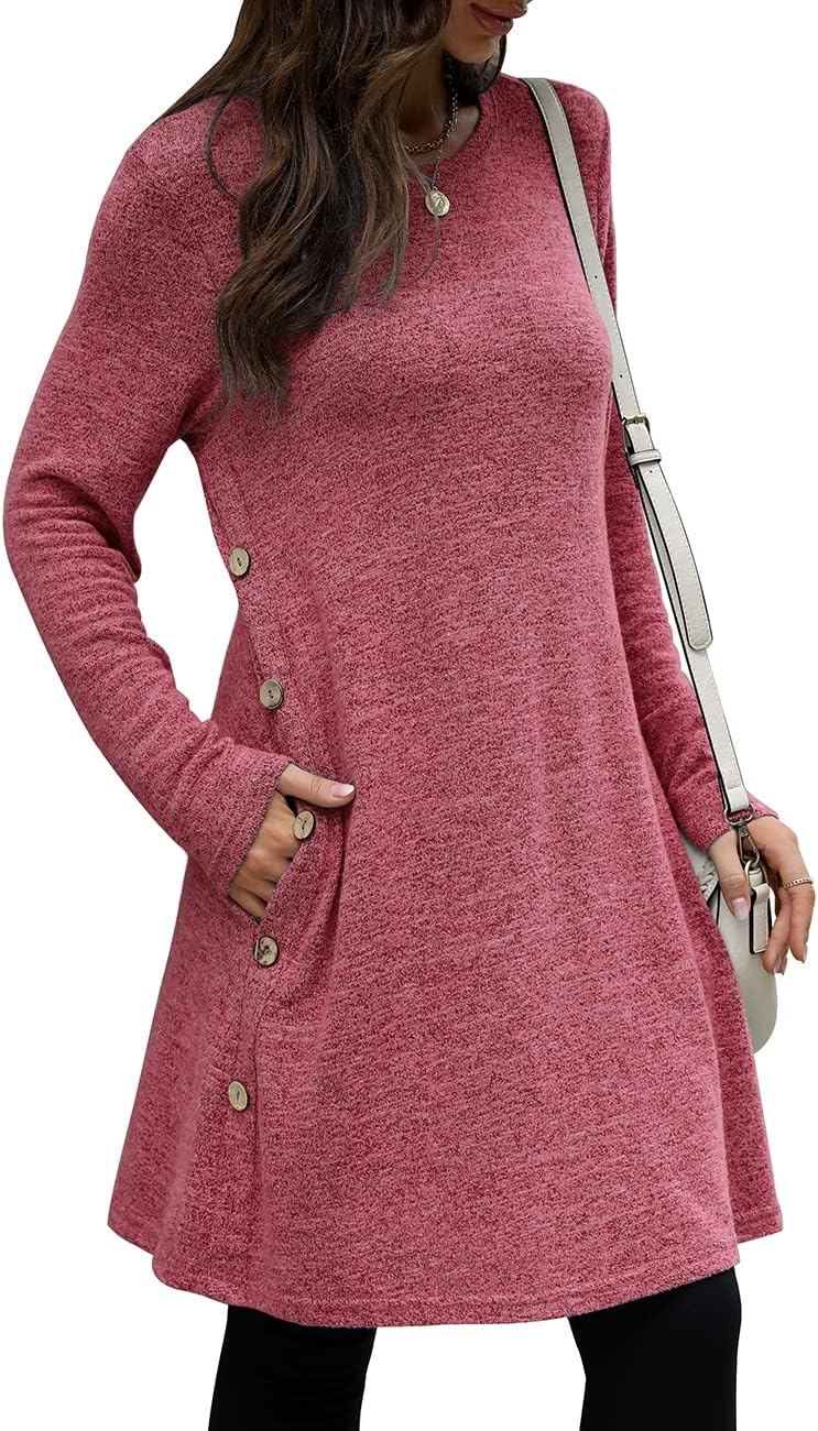 Beimuc Women's Long Sleeve Winter Dresses with Pockets Side Button Casual Sweaters