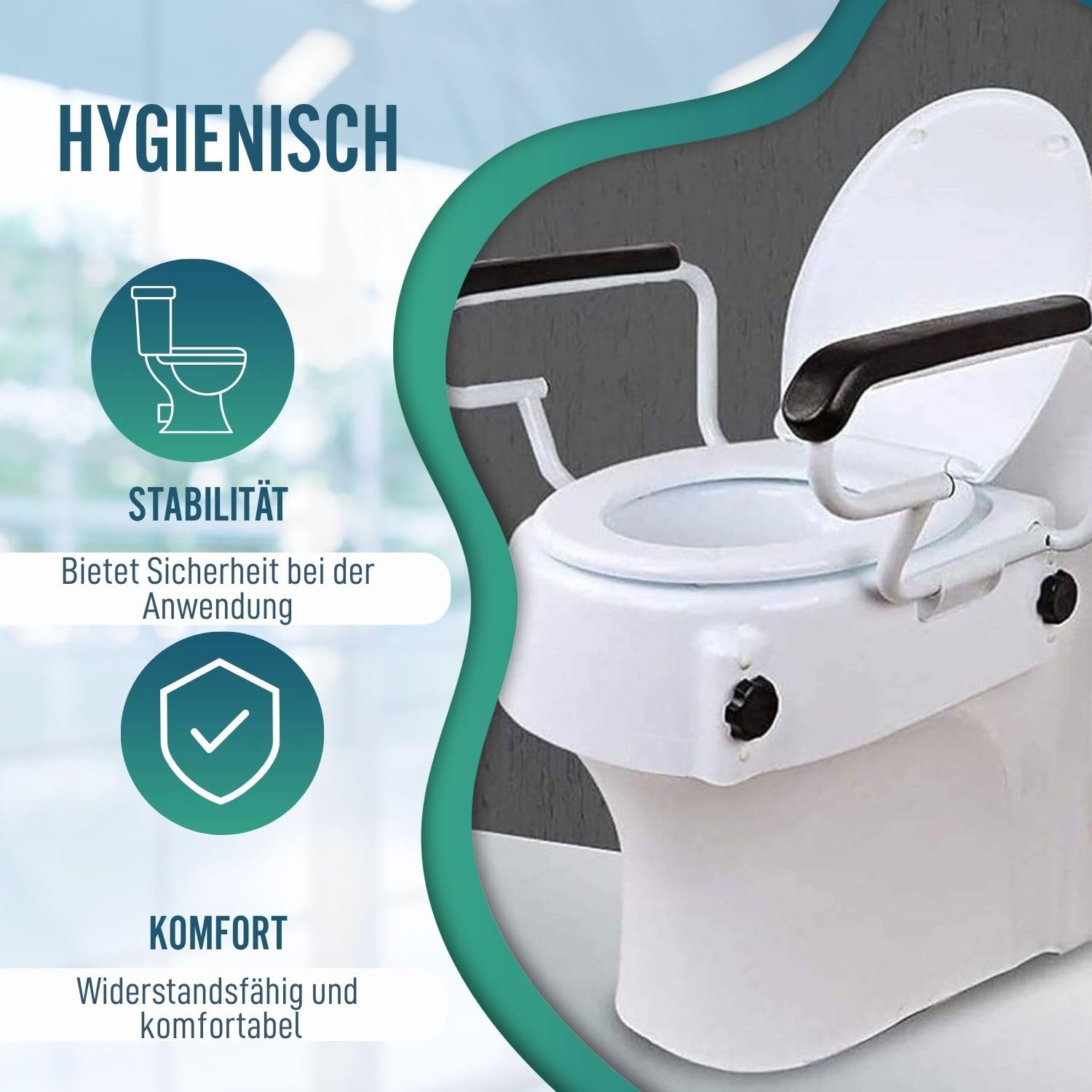 OrtoPrime Toillettensitzerhöhung mit Armlehnen - Höhenverstellbar 5, 10 und 15 cm - WC Sitz Erhöhung mit Absenkbarer Abdeckung - Toillettenaufsatz für Senioren - Sitzhilfe WC