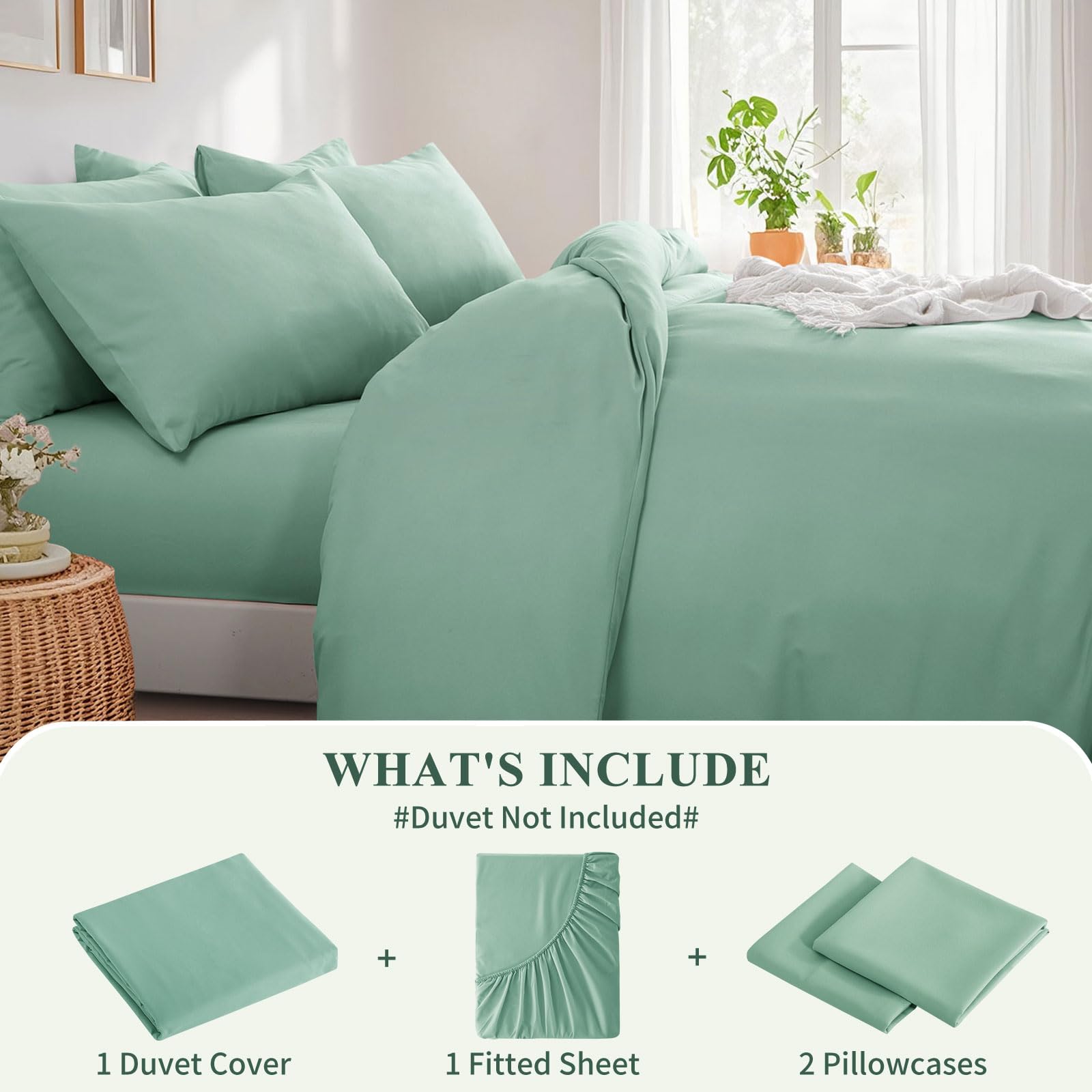 Aisbo King Duvet Set including Sheet, Sage Green 4 Pieces Microfiber Bedding Set for Kingsize Bed Includes Duvet Cover - Image 4