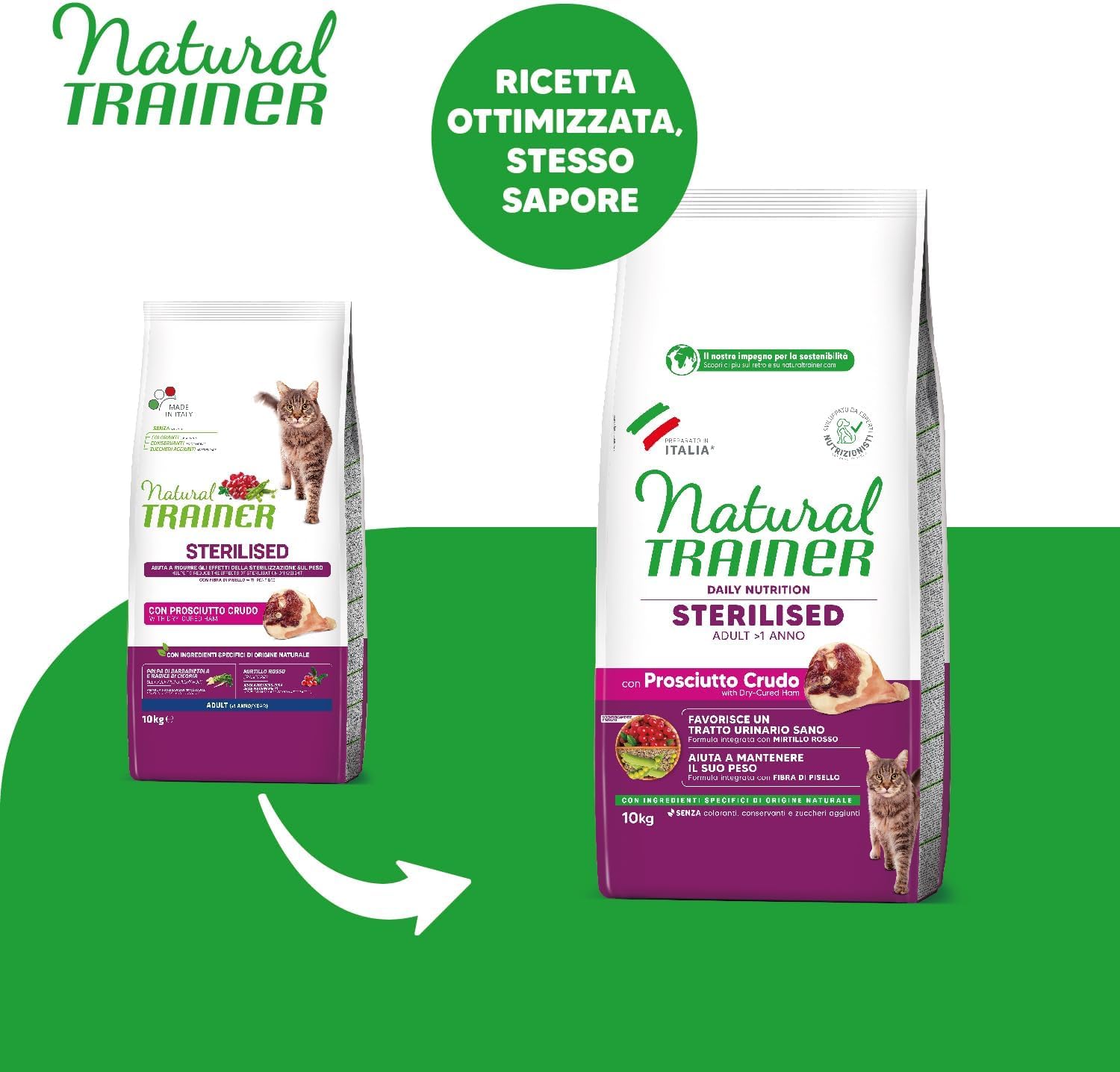Natural Trainer per Gatti Cibo Secco Daily Nutrition Sterilised Adul con Prosciutto, Mirtillo Rosso e Fibre di Pisello 3 KG - Favorisce un Tratto urinario Sano e la Lucentezza Del Pelo