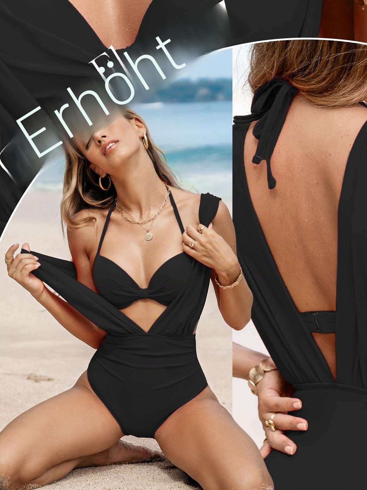 CUPSHE Damen Badeanzug Tiefer V Ausschnitt Raffung Bauchweg Neckholder Push Up Knoten Bikini Oberteil Elegant Dreiteiliger Badeanzug Swimsuit
