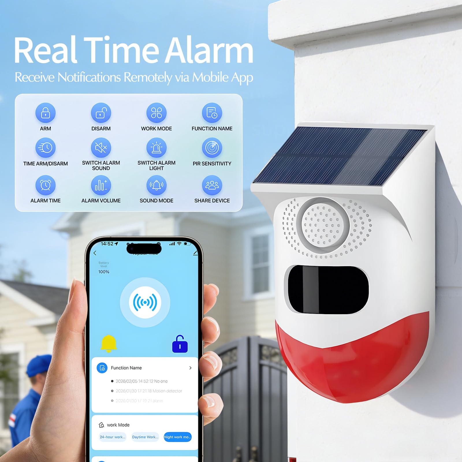 WiFi Sensor de Movimiento, Sensor Solar Adecuado para Interiores y Exteriores, Volumen de 0~120dB, Control Remoto, Programación Temporal, con Mando a Distancia, 3 Modos Ángulo Detección 110º