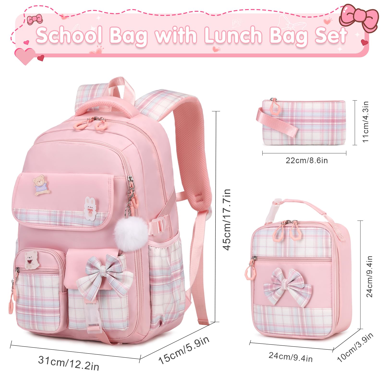 ACESAK Girls Backpack - 3PCS Backpack for Girls Cute School Backpacks for Girls Kindergarten Elementary Preschool Middle Kids School Bags with Lunch Box Pencil Case Set (Pink)
