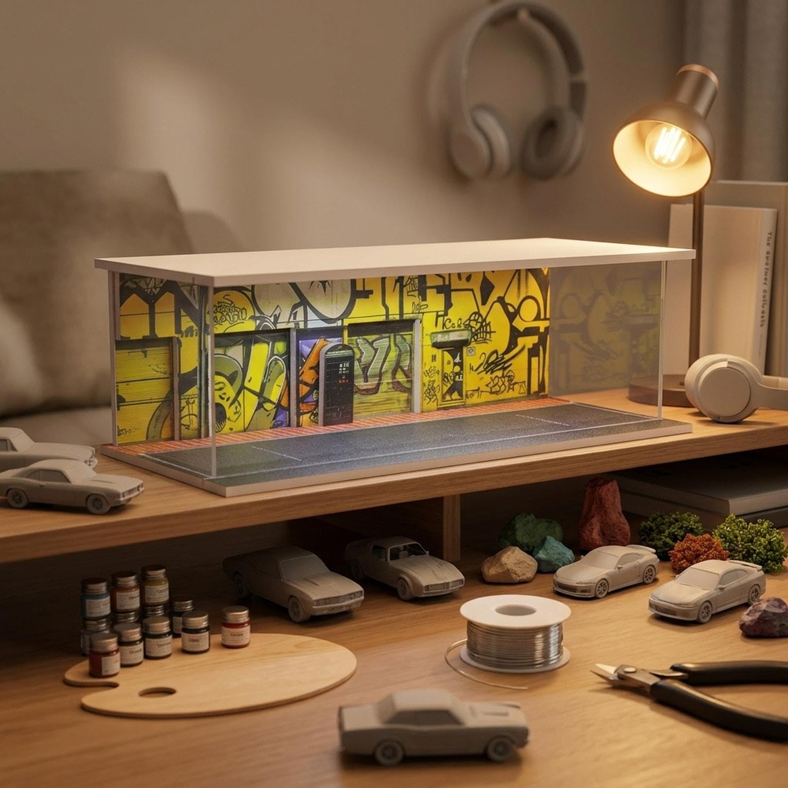 Vetrina Modello Auto Scatola Espositiva Mini Veicolo Garage Diecast Stand Scenario LED in PVC Adatta per Collezione Esposizione Modellini Decorazione, F