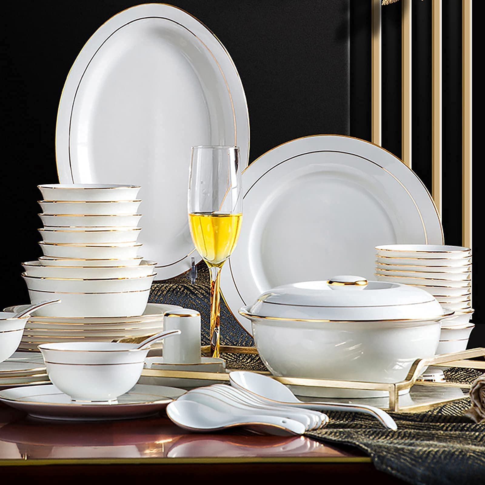 H3TF5J Zestaw stolików kości China China, 42 sztuki dla 6 osób, elegancki, spłaty złoto, bezpieczny w piekarniku mikrofalowym, nano samoczyszczące się szkliw (56 sztuk dla 10 osób)