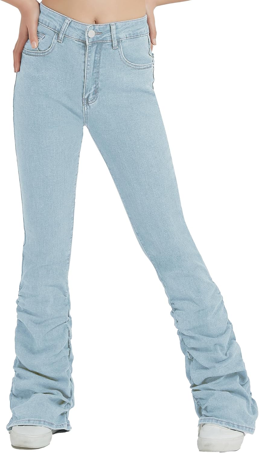 EXARUS Girls Stacked Flare Jeans High Waisted Denim Bell Bottom Bootcut Casual Kids School Ruch Pants with Pockets 8-14Y - Image 2