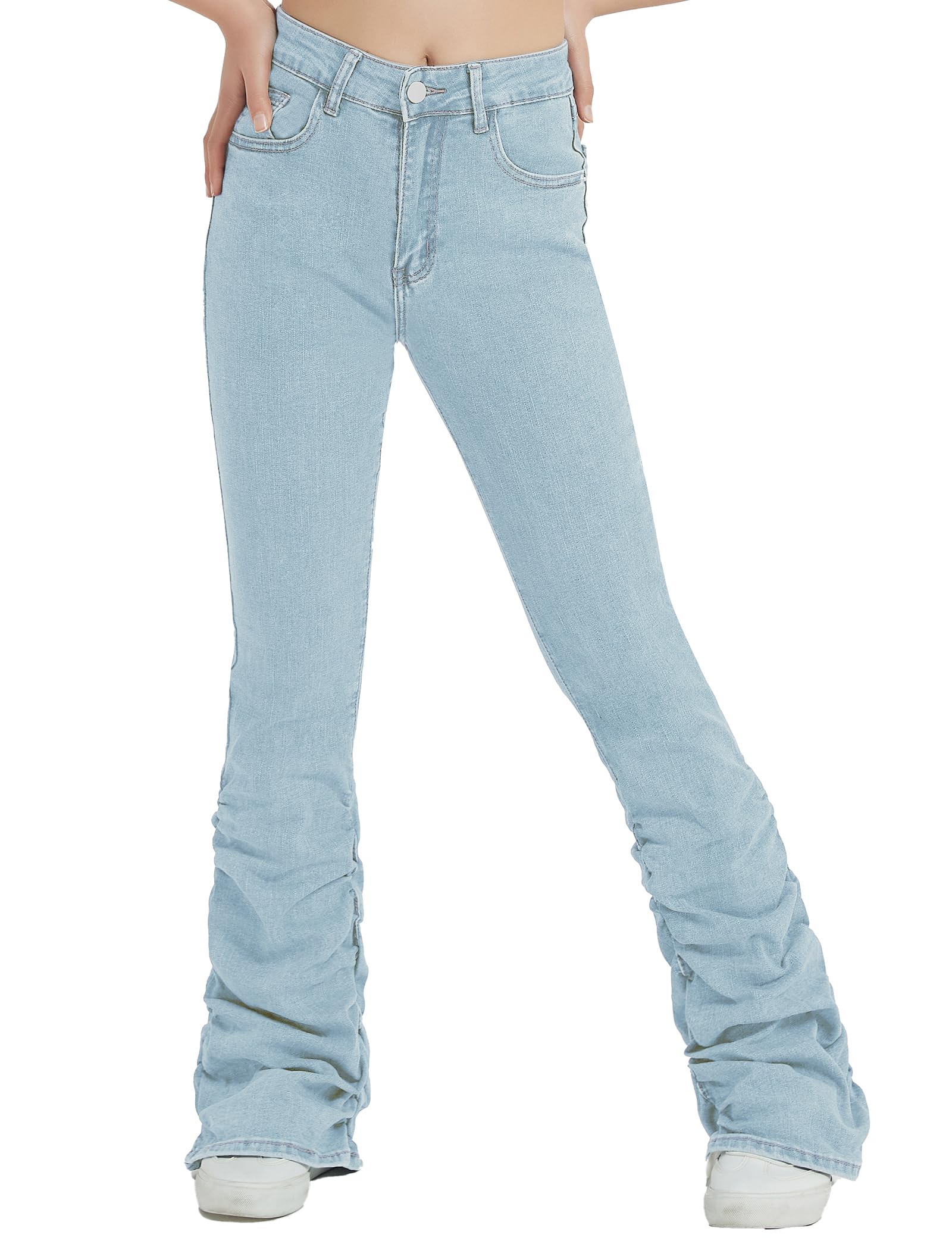 EXARUS Jeans svasati impilati a vita alta in denim con fondo a campana Bootcut casual per bambini pantaloni ruch con tasche 8-14 anni