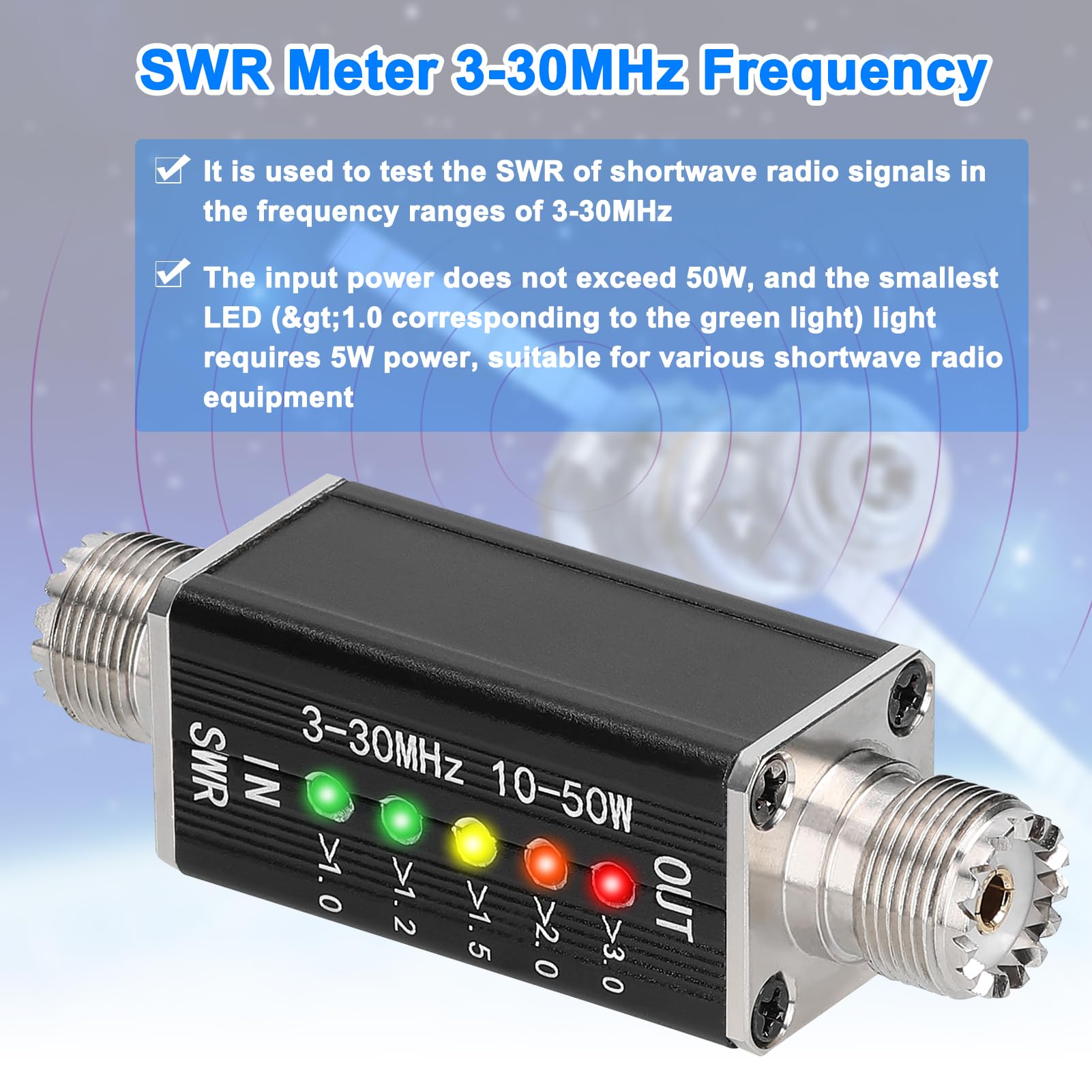 Indicatore LED SWR Meter 3-30MHz Frequenza onde corte onde stazionarie indicatore con 5 LED M interfaccia femmina
