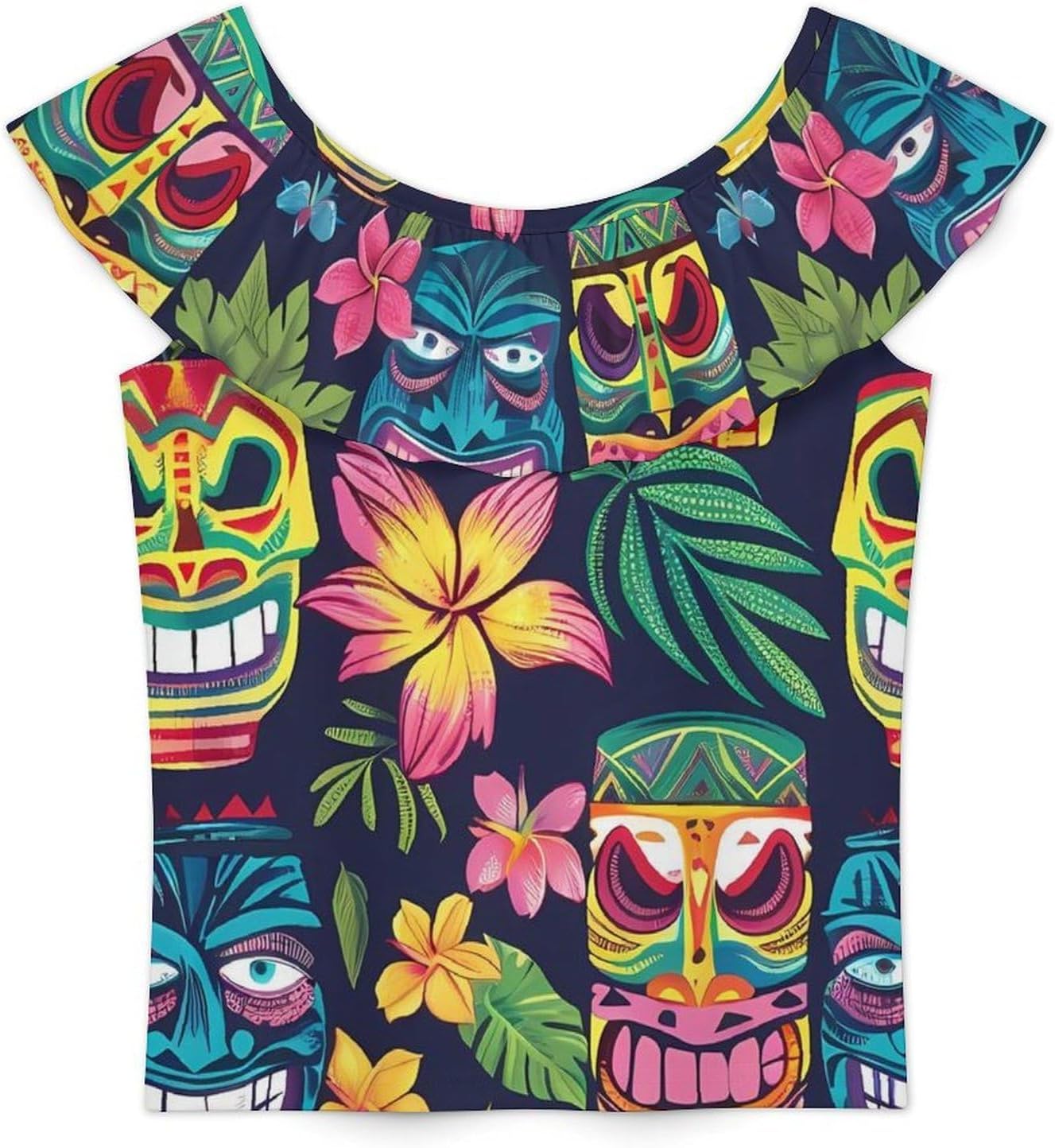 Hawaii Tiki Masks and Florals Girls T-Shirts Top Ruffle Short Sleeve Blouse Casual Graphic Tees