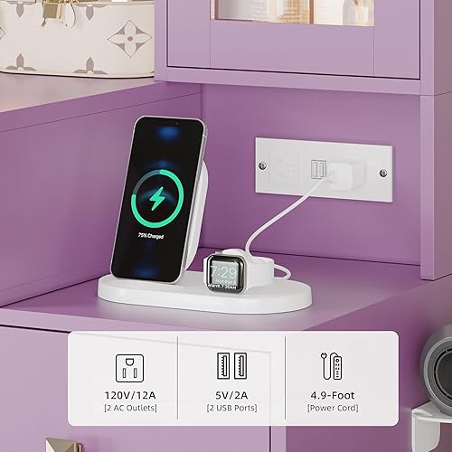 Miniatura 5 de Escritorio de tocador con espejo y luces, tocador de maquillaje morado con 5 cajones, organizador de joyas oculto y gabinete de cristal LED, 3 modos