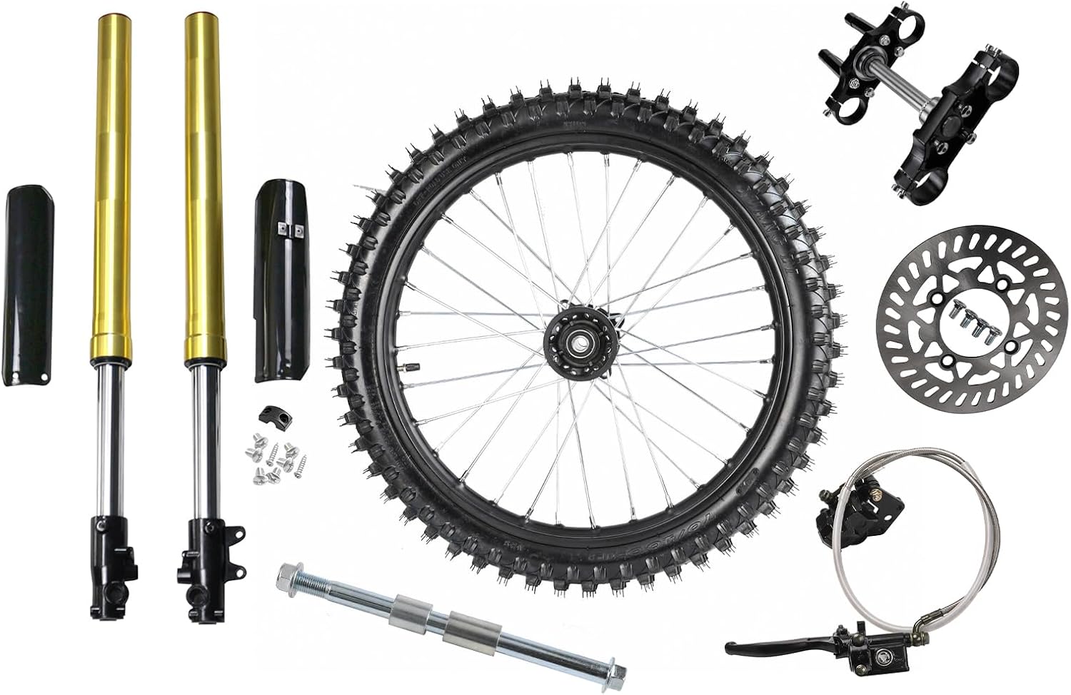 70/100-19 Front Wheel Tire with 15mm Bearing & Upside Down 45mm/48mm Front Fork Shock & Triple Tree Handlebar Riser Clamp for Pit Pro Trail Dirt Bike 70cc 90cc 110cc 125cc 150cc 160cc