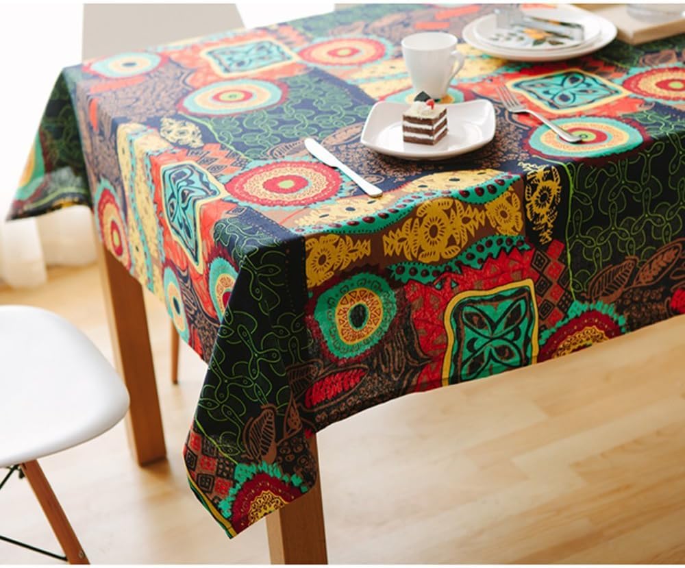 Bringsine Washable Rectangular Cotton Linen Colorful Flower Print Tablecloth, Vintage Dinner Picnic Table Cloth Home Decoration （Rectangle/Oblong, 55 x 87 Inch）