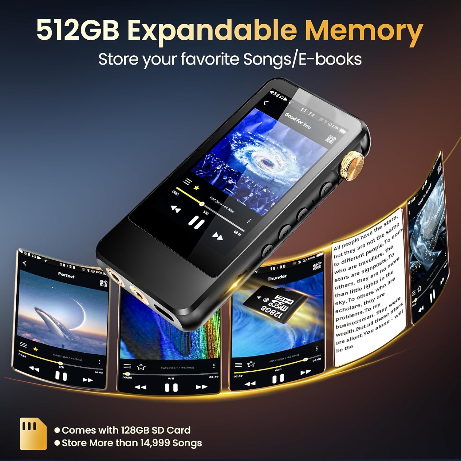 HIFI WALKER H20 Pro with a Micro SD card being inserted into its slot.