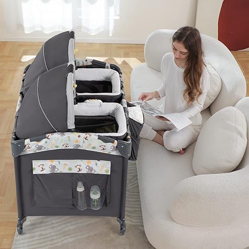 Miniatura 6 de Moisés individual y moisés infantil de tamaño completo y corral para bebé, incluye 2 moisés portátiles extraíbles Rock-A-Bye con bolsas de